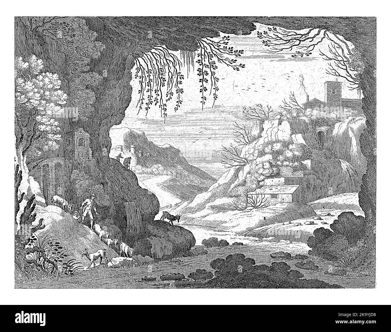 Da una grotta, in cui scorre un fiume, una vista di un paesaggio montano. A sinistra sulla riva due pastori con una mandria di capre. Foto Stock