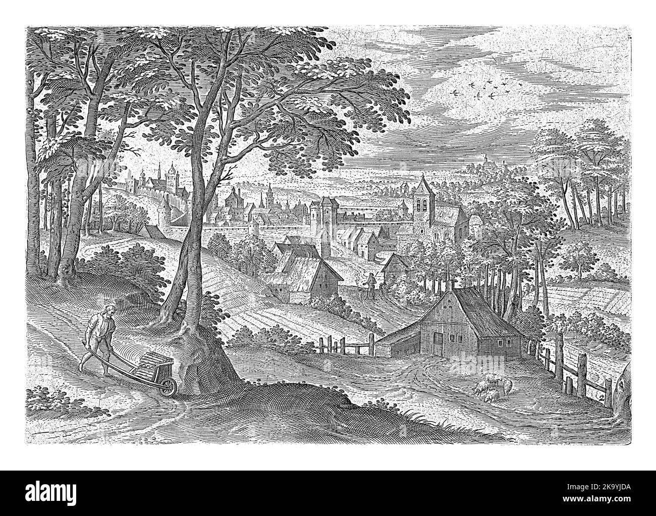 Vista sul villaggio di Saint-Gilles e la parte sud-orientale dei bastioni di Bruxelles con la porta Halle. La stampa fa parte di una serie con le facce f Foto Stock