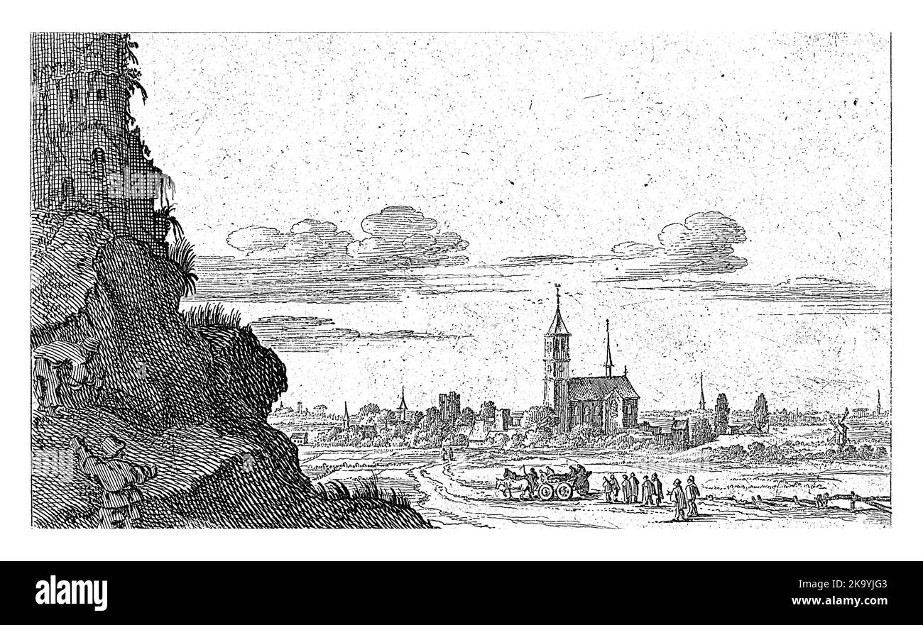 Due uomini salgono in rovina. Sullo sfondo un villaggio e una strada dove passano alcune figure e una carrozza. La stampa fa parte di una serie di dodici la Foto Stock