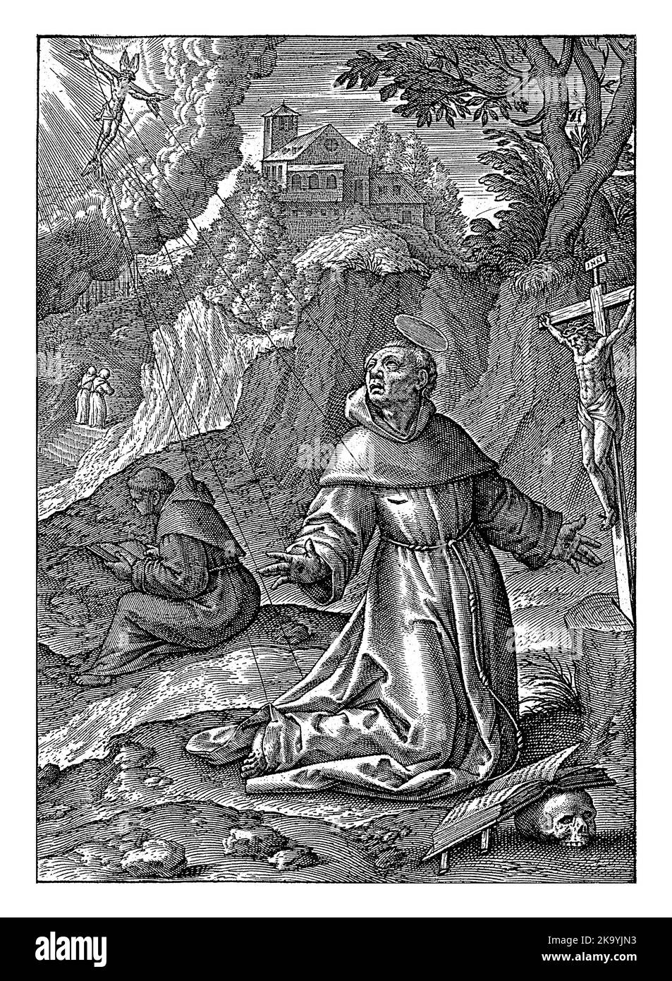 San Francesco d'Assisi ricevendo le stimmate, Hieronymus Wierix, 1563 - prima del 1619 mentre pregava davanti ad un crocifisso sul Monte Alverna, Francesco vede una v Foto Stock