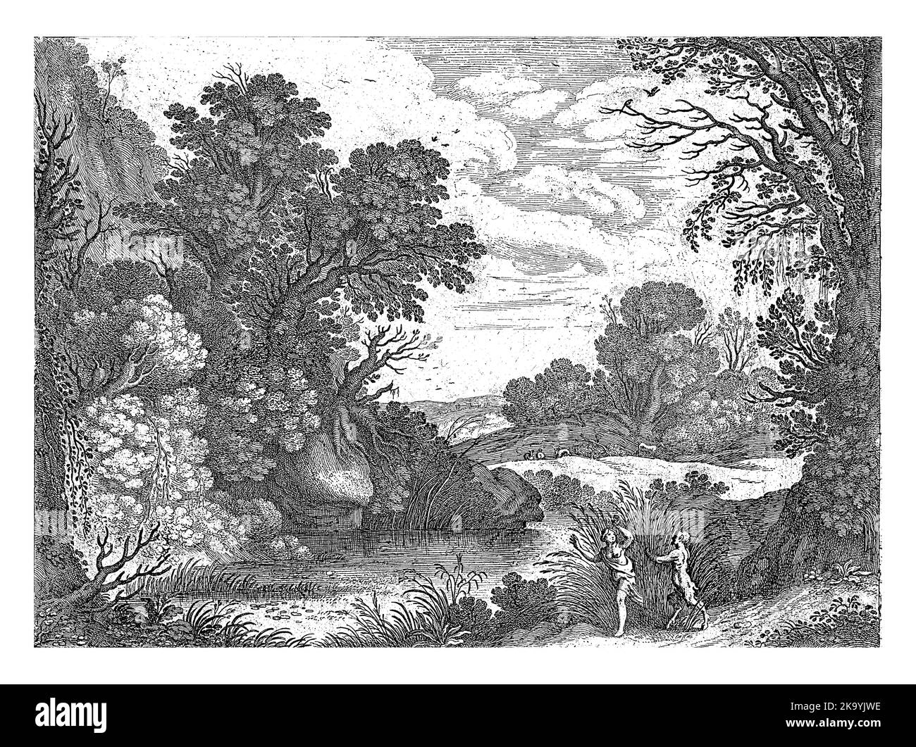 Pan persegue Syrinx, ma si trasforma in canne quando arriva al fiume. La padella abbraccia la canna. Foto Stock