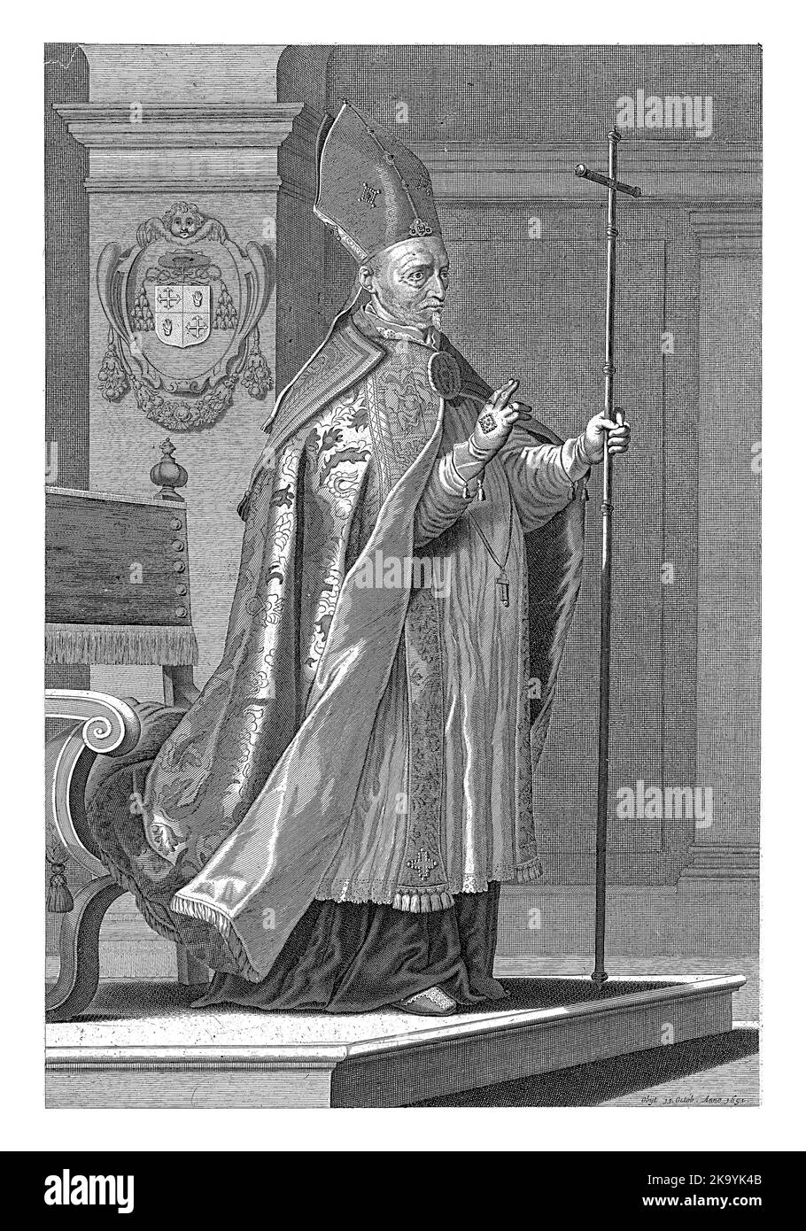 Ritratto integrale dell'arcivescovo di Utrecht Philip van Rouveen. Rouveen tiene in mano una croce e fa un gesto di benedizione. Indossa il gar Foto Stock