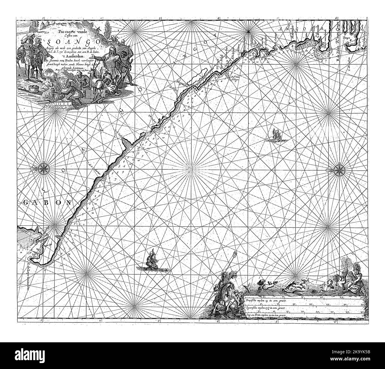 Carta dei passaporti delle coste del Congo, del Gabon e dell'Angola, con due rose a bussola, il nord è sulla sinistra. In alto a sinistra il titolo e l'indirizzo dell'editore, s Foto Stock