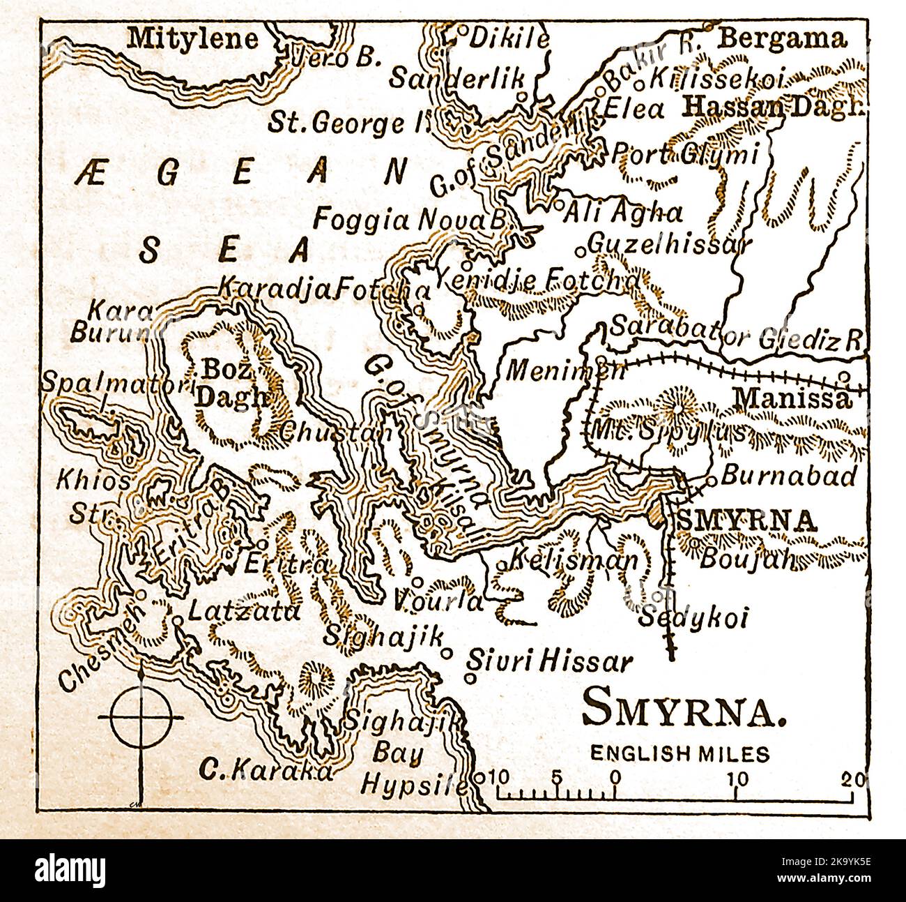 Una mappa di schizzo del 19th ° secolo della città greca di İzmir o Smyrna. Noto anche come Σμύρνη, Smýrnē, Σμύρνα, Smýrna Foto Stock