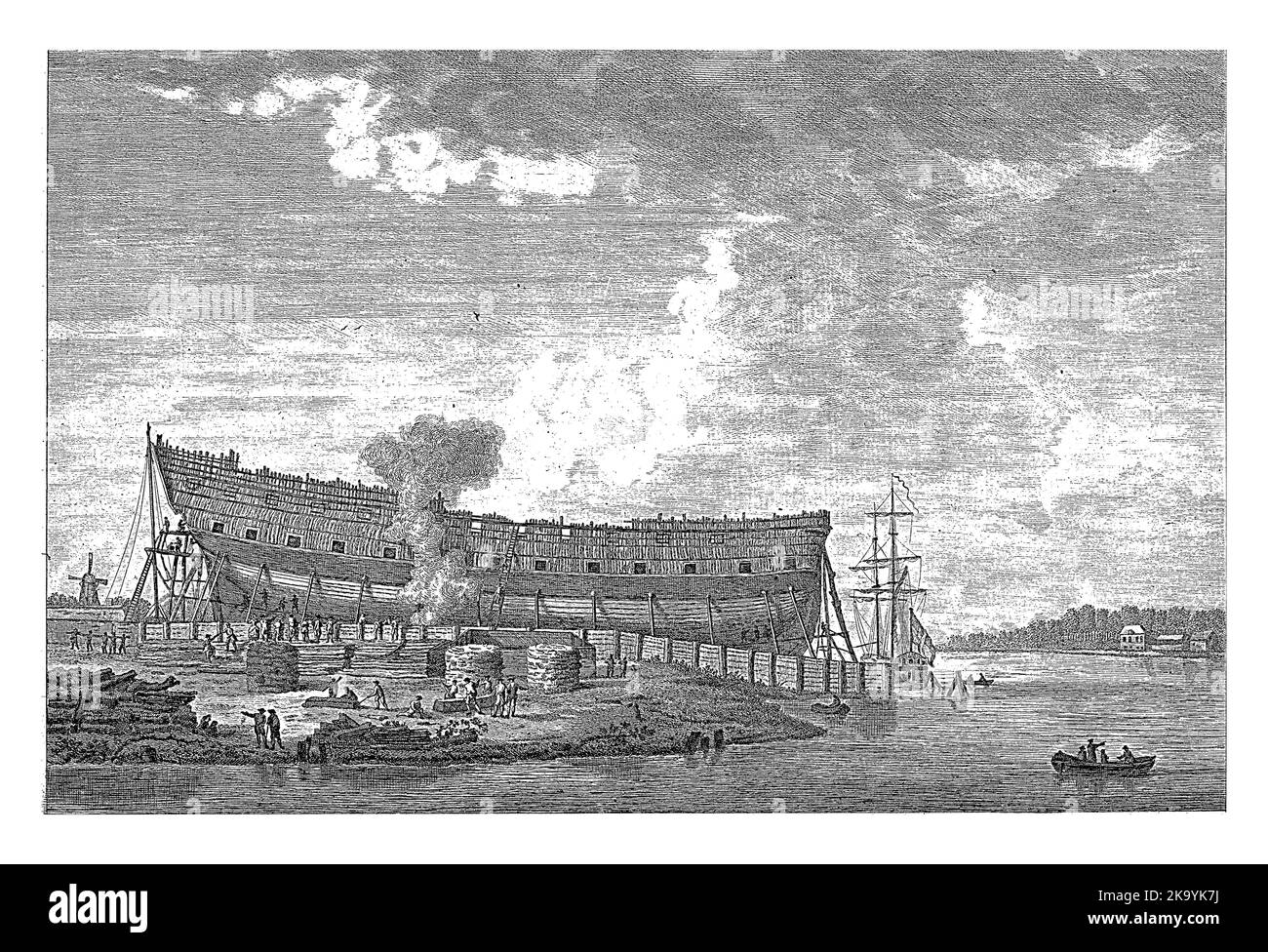 La nave incompiuta della linea Hercules in piedi nel palo nel cantiere navale fuori Dordrecht, aprile 1782. Foto Stock