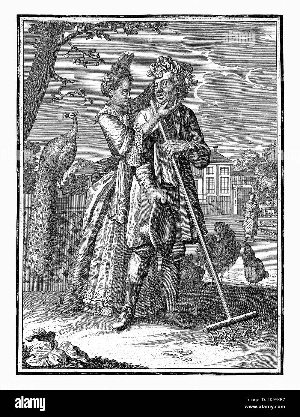 Maggio, Caspar Luyken, 1698 - 1702 il mese di maggio. Un uomo lavora con un rastrello in un giardino. Dietro di lui una donna che premeva una corona di fiori sulla testa. Dietro Foto Stock