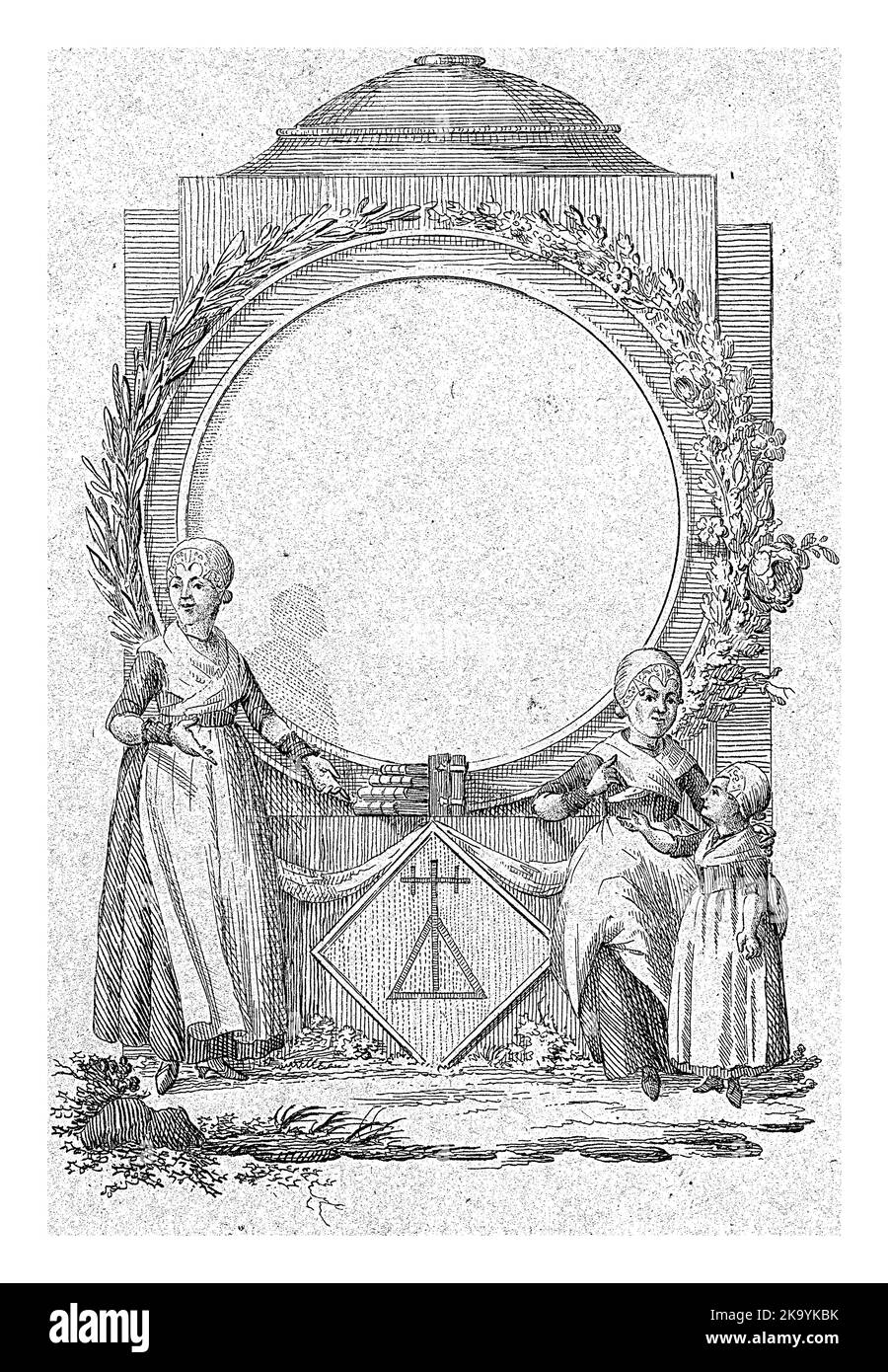 Vignetta con due donne e una ragazza vicino a un medaglione su un piedistallo. Il medaglione è circondato da una corona di alloro, rami di quercia e un cespuglio di rose ed è Foto Stock