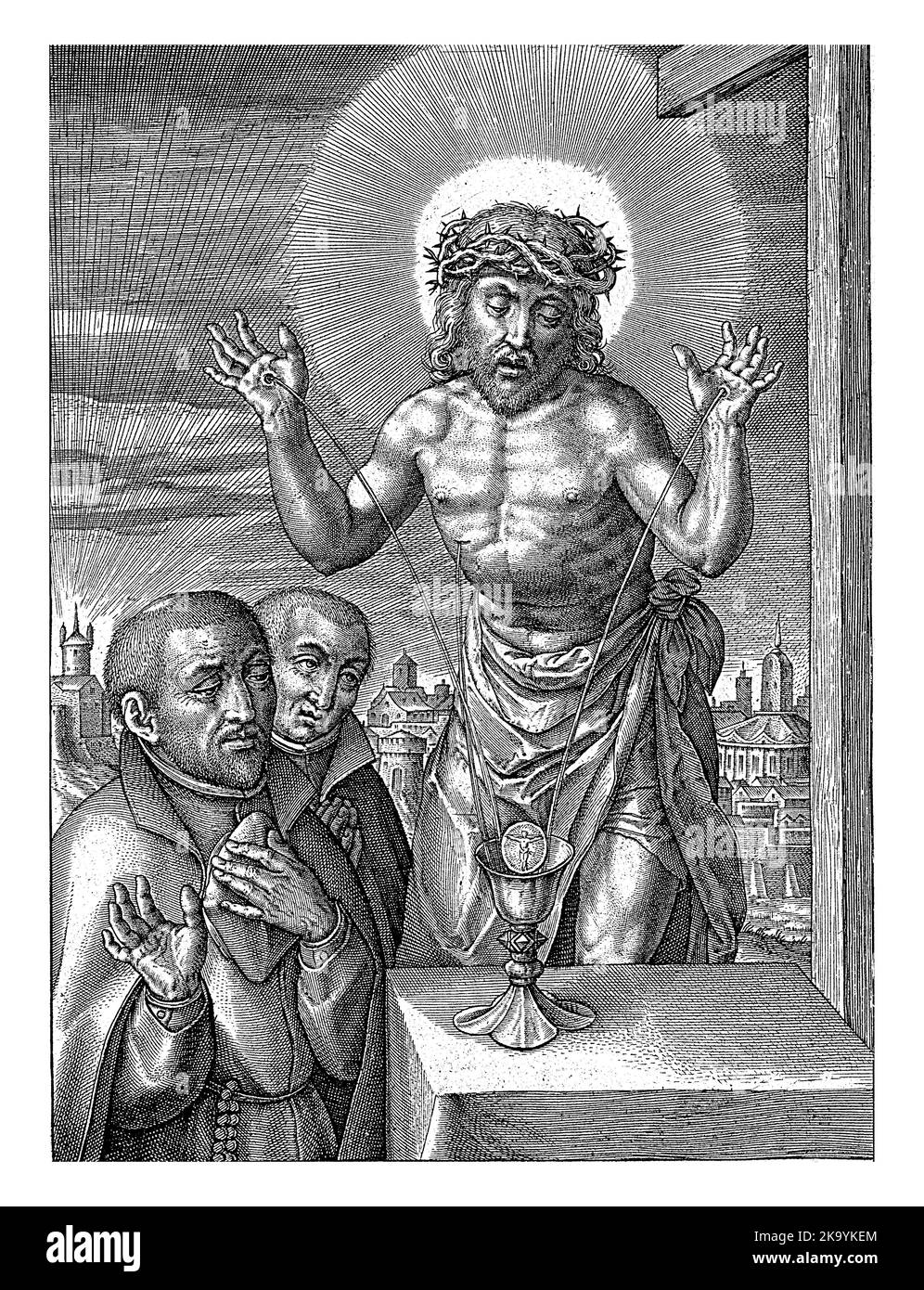 Sangue di Cristo raccolto nel Calice, Hieronymus Wierix, 1563 - prima del 1619 Cristo sta con le mani sollevate accanto alla croce. Il sangue dal suo cruc Foto Stock