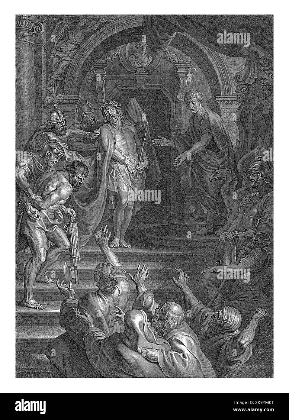 Pontio Pilato mostra Cristo agli ebrei di fronte al tribunale. I sommi sacerdoti gridano per far rispettare la sua crocifissione. Nel margine inferiore è presente una fra Foto Stock