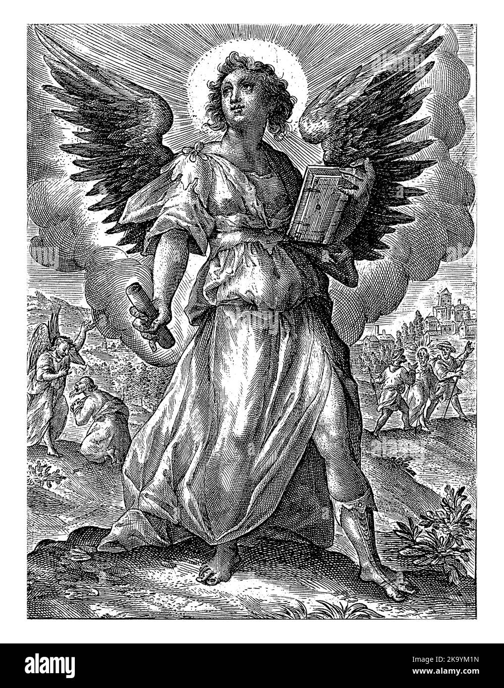 L'Arcangelo Uriel è in piedi con un libro nella mano sinistra e un foglio di carta arrotolato nella mano destra. Nello sfondo di sinistra, Uriel rimprode il pr Foto Stock