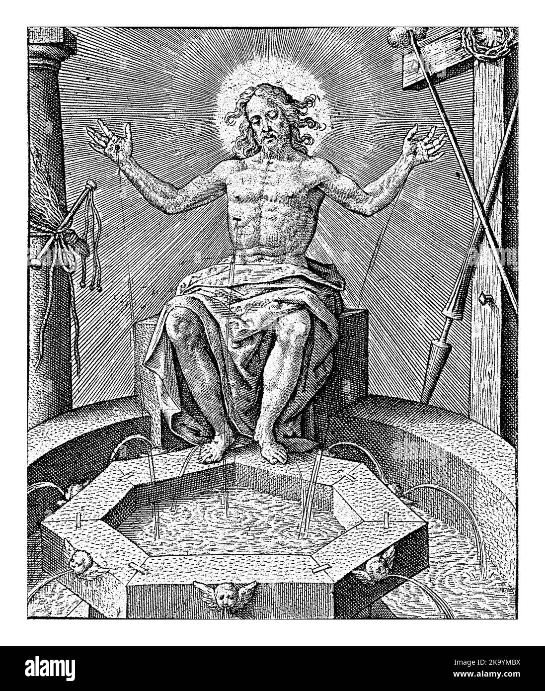 Cristo come Fontana della vita, Hieronymus Wierix, 1563 - 1619 Cristo siede sul bordo di un bacino d'acqua, in mezzo agli strumenti della passione. Il flusso sanguigno Foto Stock