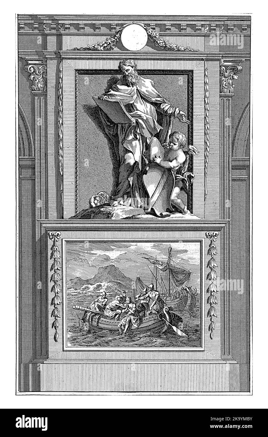 Clemens van Rome, Padre della Chiesa, Jan Luyken, dopo Jan Goeree, 1698 la Santa Chiesa Padre Clemens van Rome studia una Scrittura mentre un angelo ador Foto Stock