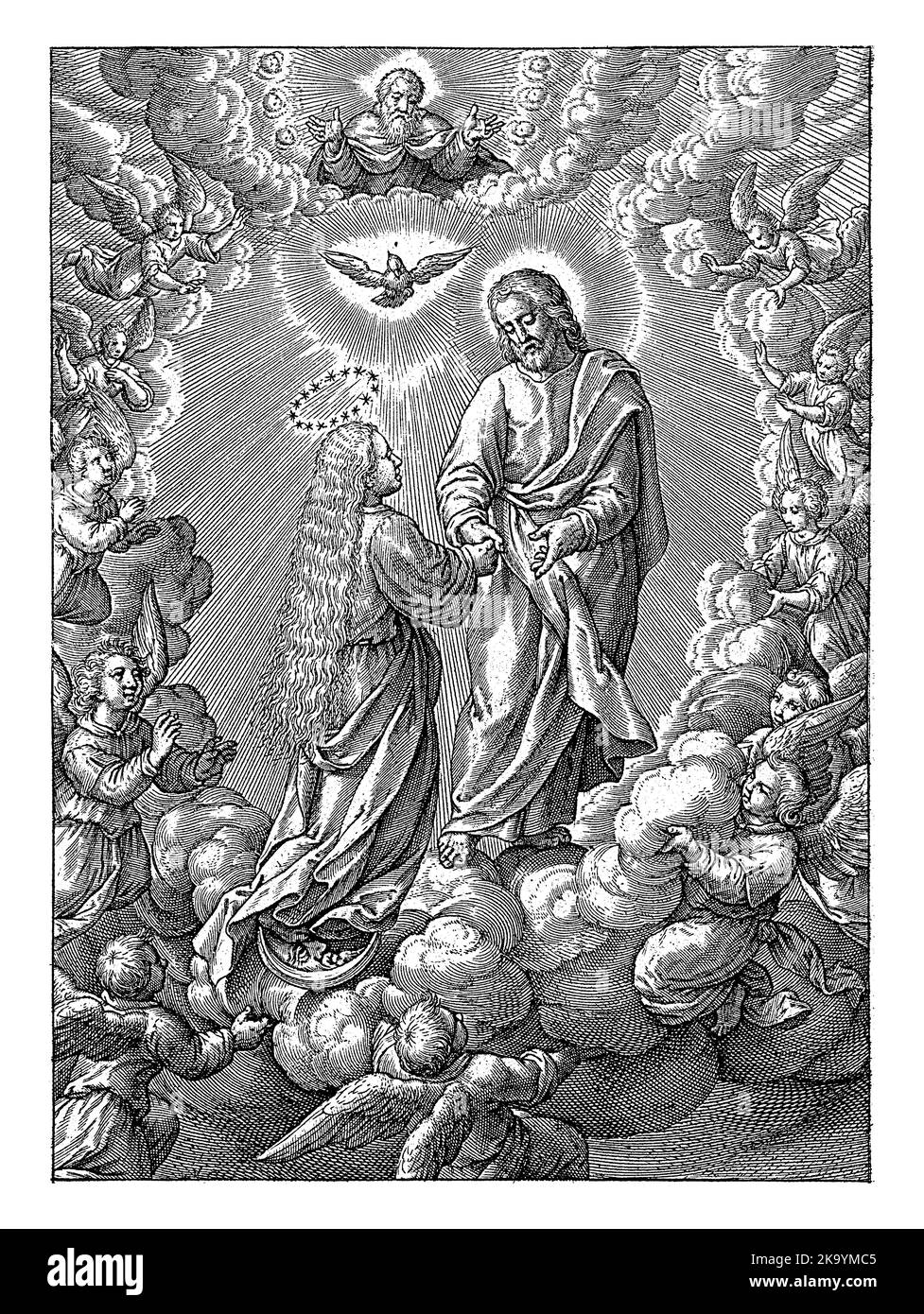 Assunzione di Maria, Hieronymus Wierix, 1563 - prima del 1619 Maria viene portata in cielo sulla luna crescente. Cristo prende la mano. Sopra di lui il Santo Sp Foto Stock