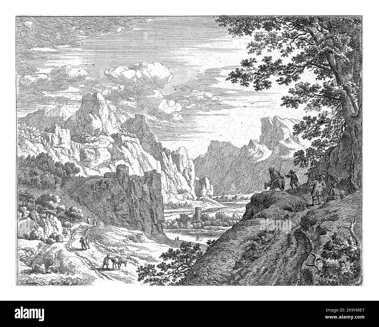 Paesaggio fluviale con i viaggiatori, Jan van Aken, dopo Herman Saftleven, 1681 - 1700 Foto Stock