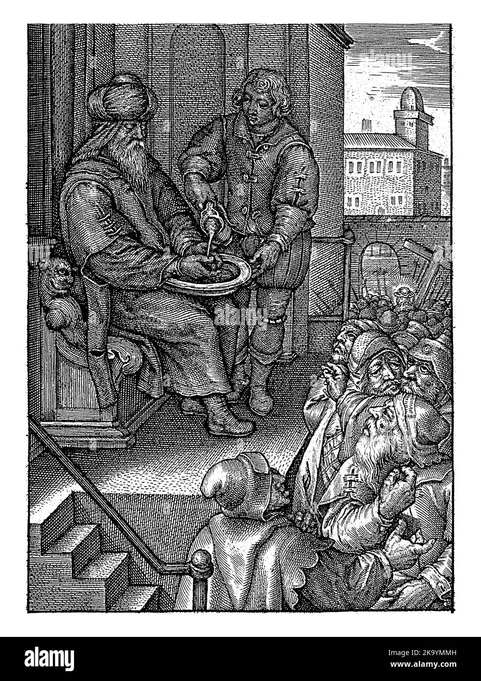Pilato lava le mani in innocenza, Hieronymus Wierix, 1563 - prima del 1619 Pilato lava le mani in innocenza. Di fronte alla folla si lava il suo Foto Stock