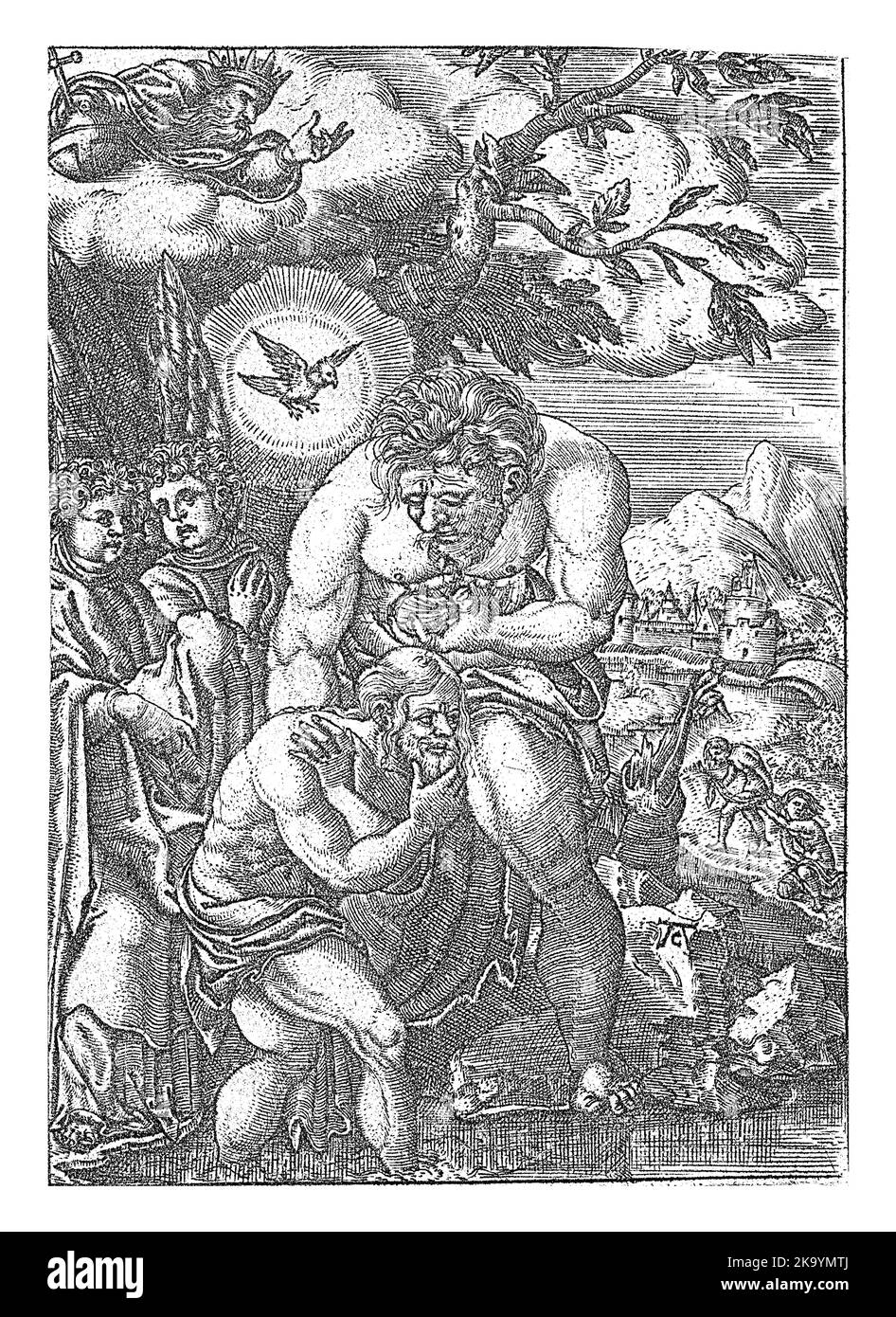 Giovanni versa l'acqua con il guscio sopra la testa di Cristo, in piedi in Giordania. Due angeli guardare. Foto Stock Giovanni versa l'acqua con il guscio sopra la testa di Cristo, in piedi in Giordania. Due angeli guardare. Foto Stock