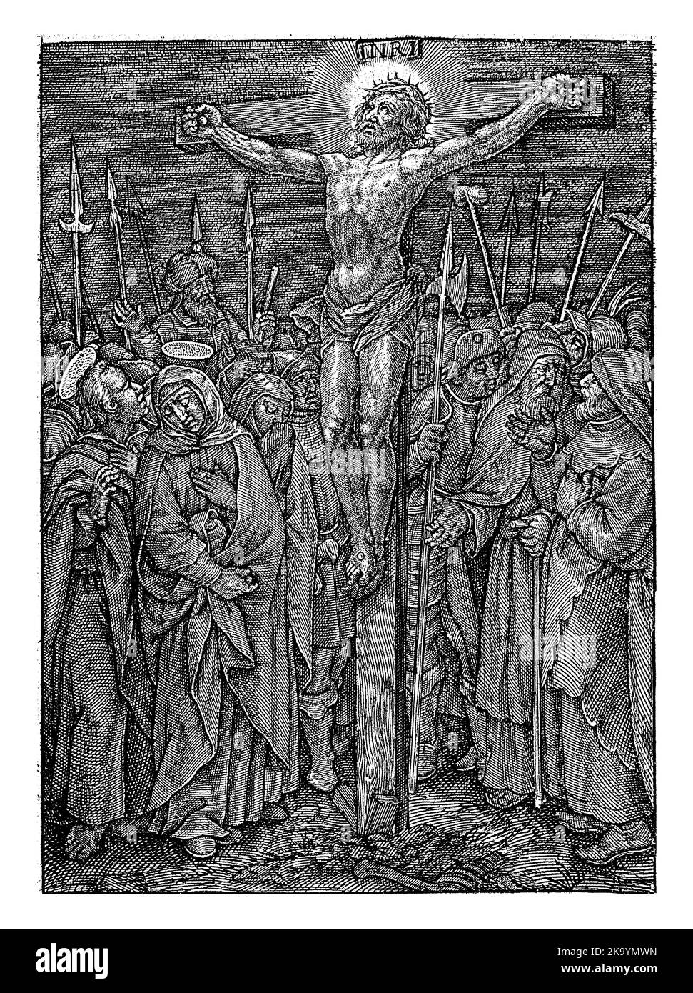 Cristo sulla Croce, Hieronymus Wierix, 1563 - prima di 1619 Cristo sulla Croce. Maria, Giovanni Battista e altri piangono intorno alla croce. Foto Stock