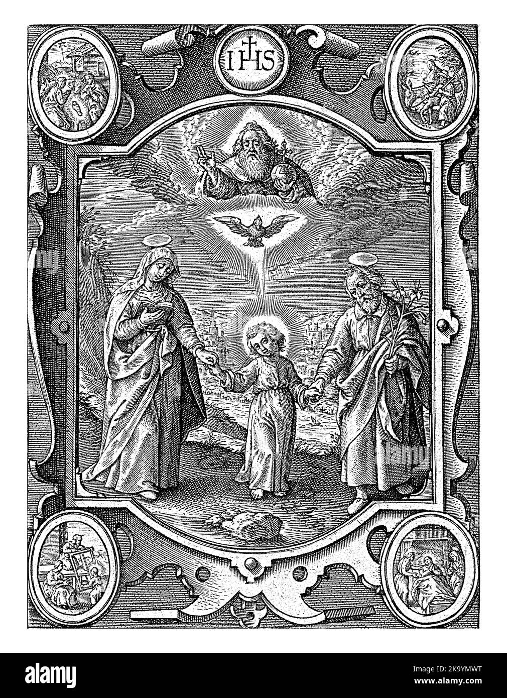 Trinità terrena e celeste, Hieronymus Wierix, 1563 - prima del 1619 Paesaggio con il Cristo Bambino, in mezzo a Maria e Giuseppe. Sopra il Bambino, Foto Stock