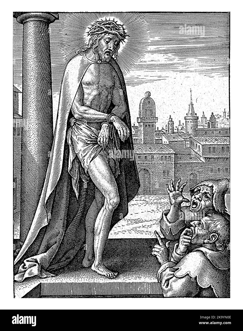 Cristo, legato con corde, è deriso da due ebrei dopo la sua incoronazione di spine. Gli tirano le facce divertenti. Foto Stock