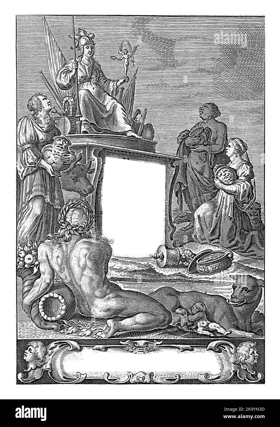 Le personificazioni di Europa, Asia e Africa offrono doni a Roma, in primo piano nel fiume dio e Romolo e Remo succhiato dal lupo Foto Stock