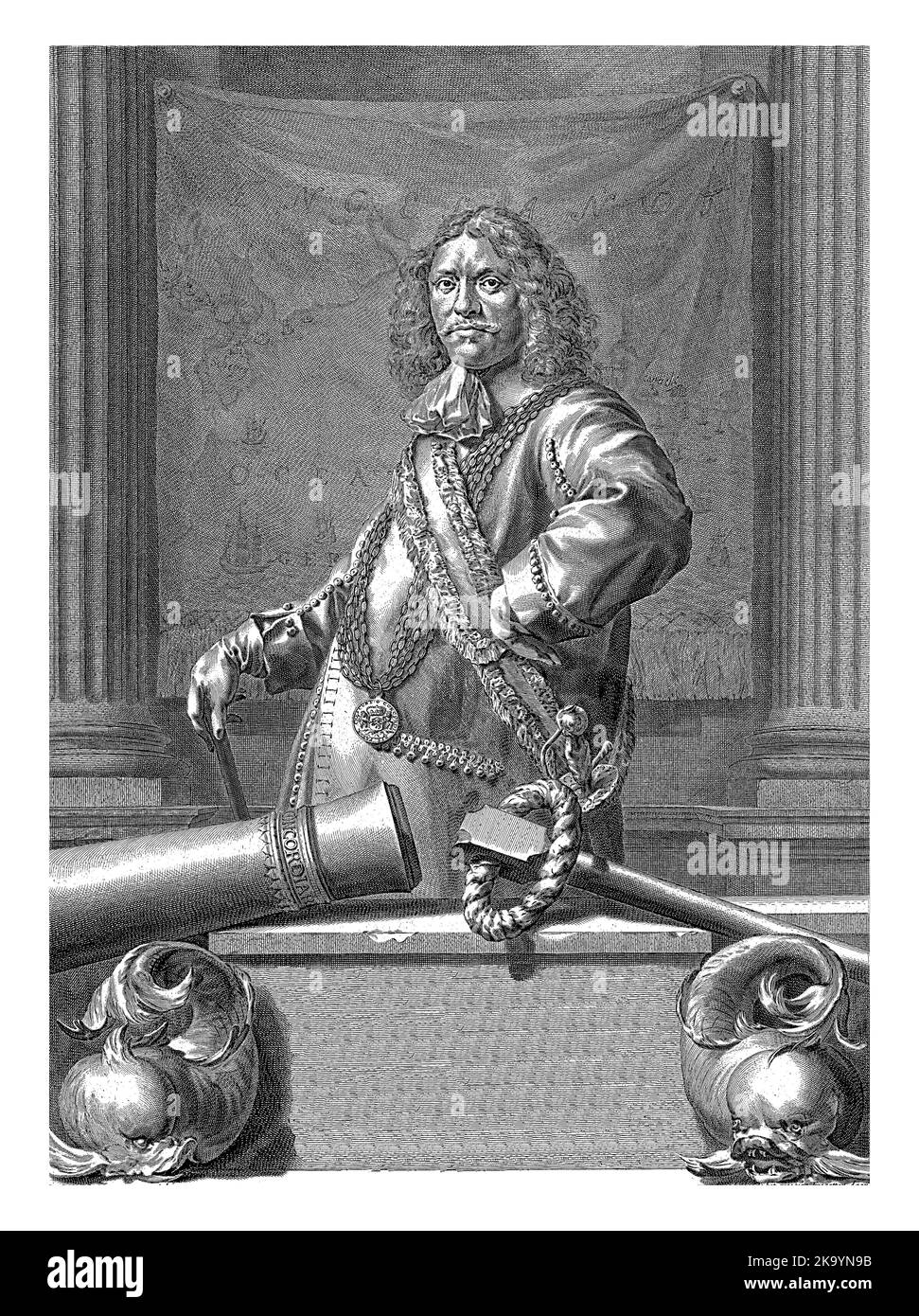 Ritratto dell'Ammiraglio posteriore David Vlugh. Sullo sfondo un arazzo con una carta nautica. Foto Stock