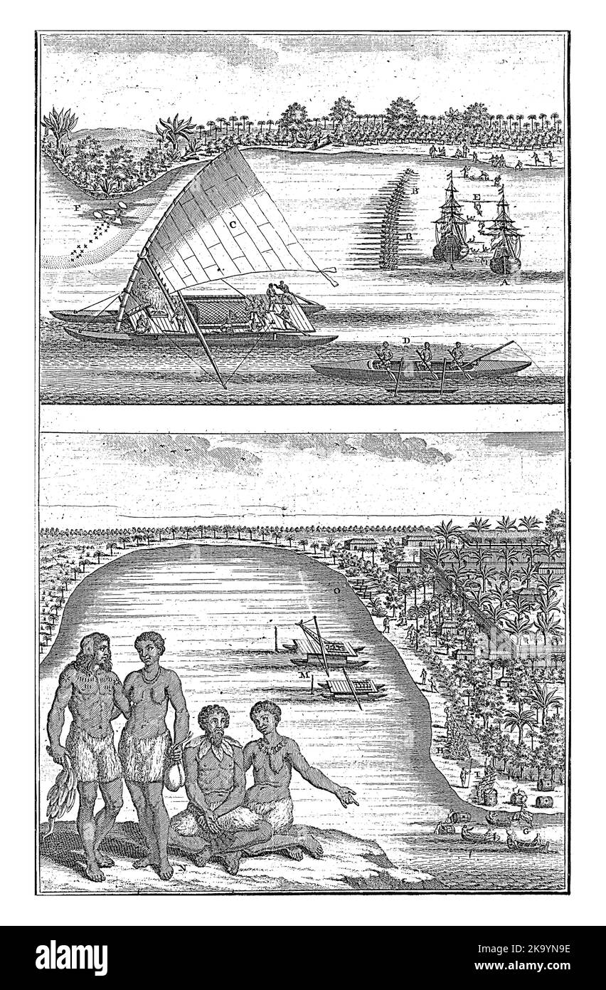 Viste dell'isola di Amsterdam, Frederik Ottens, 1717 - 1770 due immagini dell'isola di Amsterdam. Sopra le navi al largo della costa. Due barche native e. Foto Stock Viste dell'isola di Amsterdam, Frederik Ottens, 1717 - 1770 due immagini dell'isola di Amsterdam. Sopra le navi al largo della costa. Due barche native e. Foto Stock