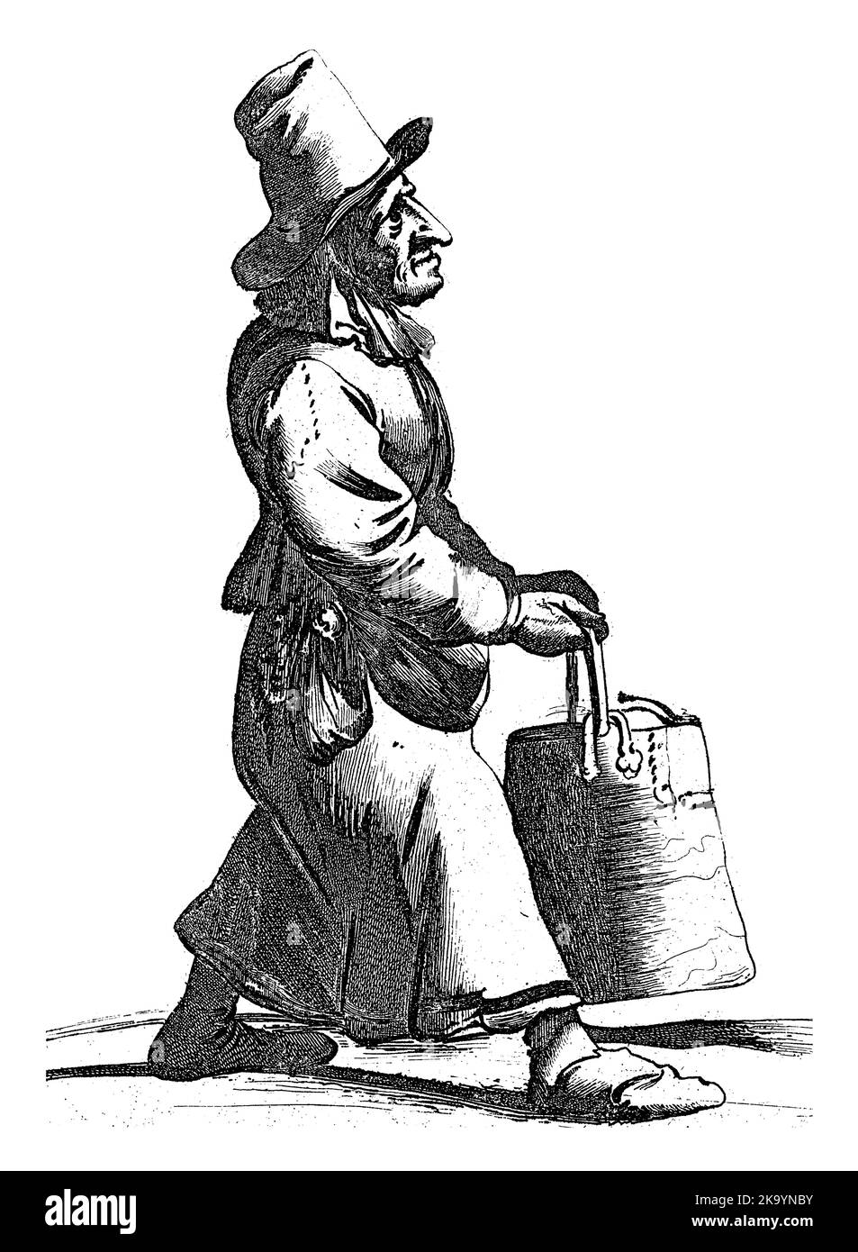 Un uomo con un cappello sulla testa cammina a destra con un secchio. La stampa fa parte di una serie di dodici stampe con fogli. Foto Stock