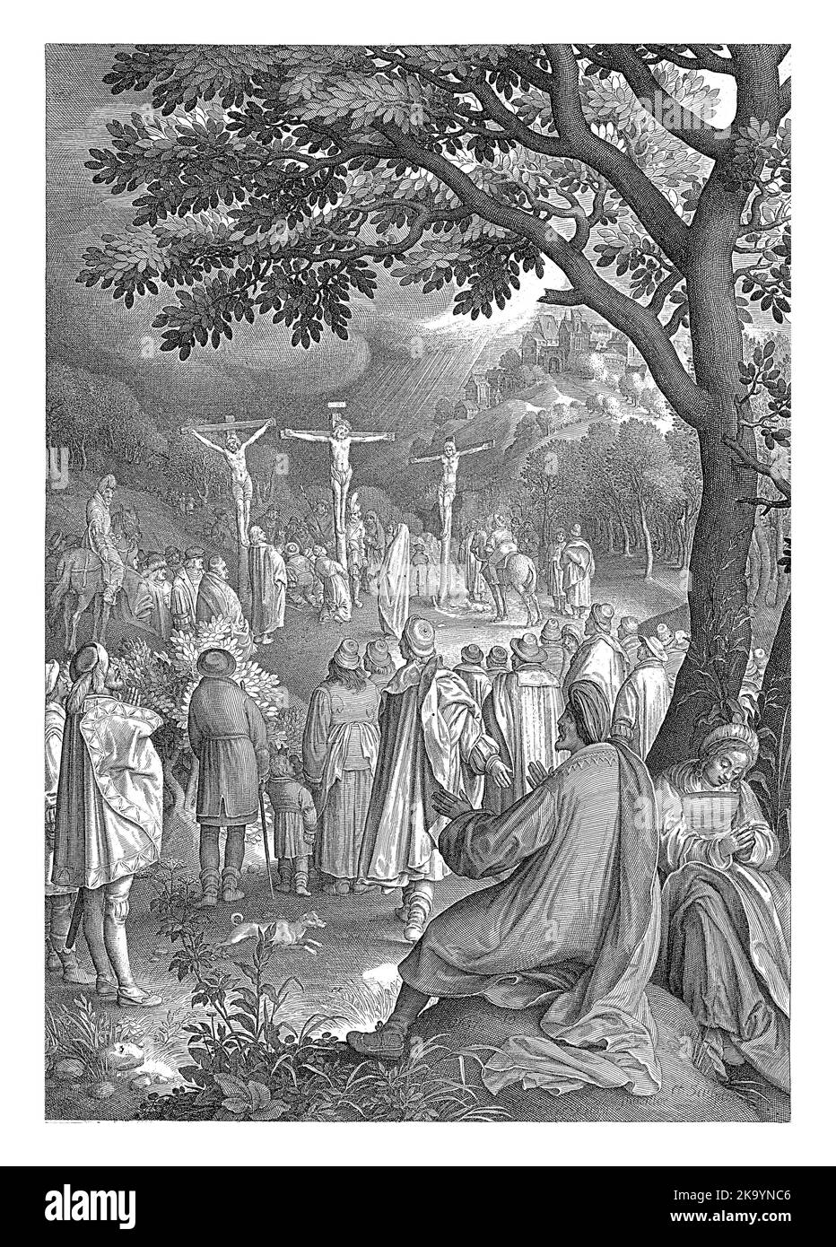 Cristo sulla Croce, Nicolaes de Bruyn, 1670 - 1711 la Crocifissione di Cristo sul Monte Calvario. A sinistra e a destra si trovano i criminali che erano cruci Foto Stock