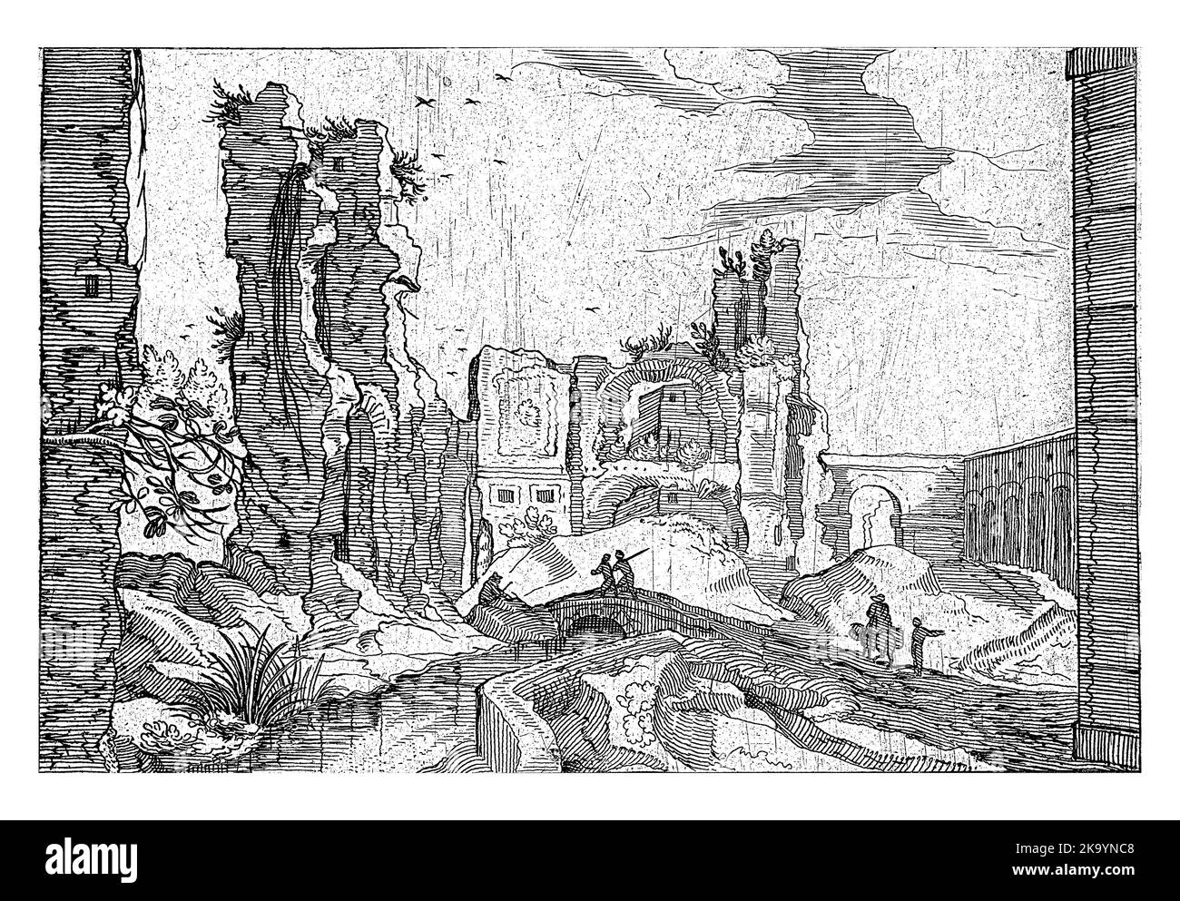 Le rovine sovrastanti giacciono sull'acqua, forse la porta Furba. Un cancello sulla destra. In primo piano a destra una strada con un asino montato e un camminatore. Due Foto Stock