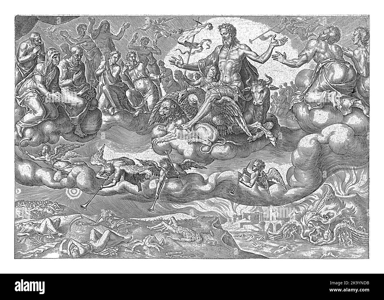 Circondato da santi e apostoli, Cristo è intronizzato nelle nuvole. È portato da un uomo, un leone, un bue e un'aquila, i simboli dei quattro evan Foto Stock Circondato da santi e apostoli, Cristo è intronizzato nelle nuvole. È portato da un uomo, un leone, un bue e un'aquila, i simboli dei quattro evan Foto Stock