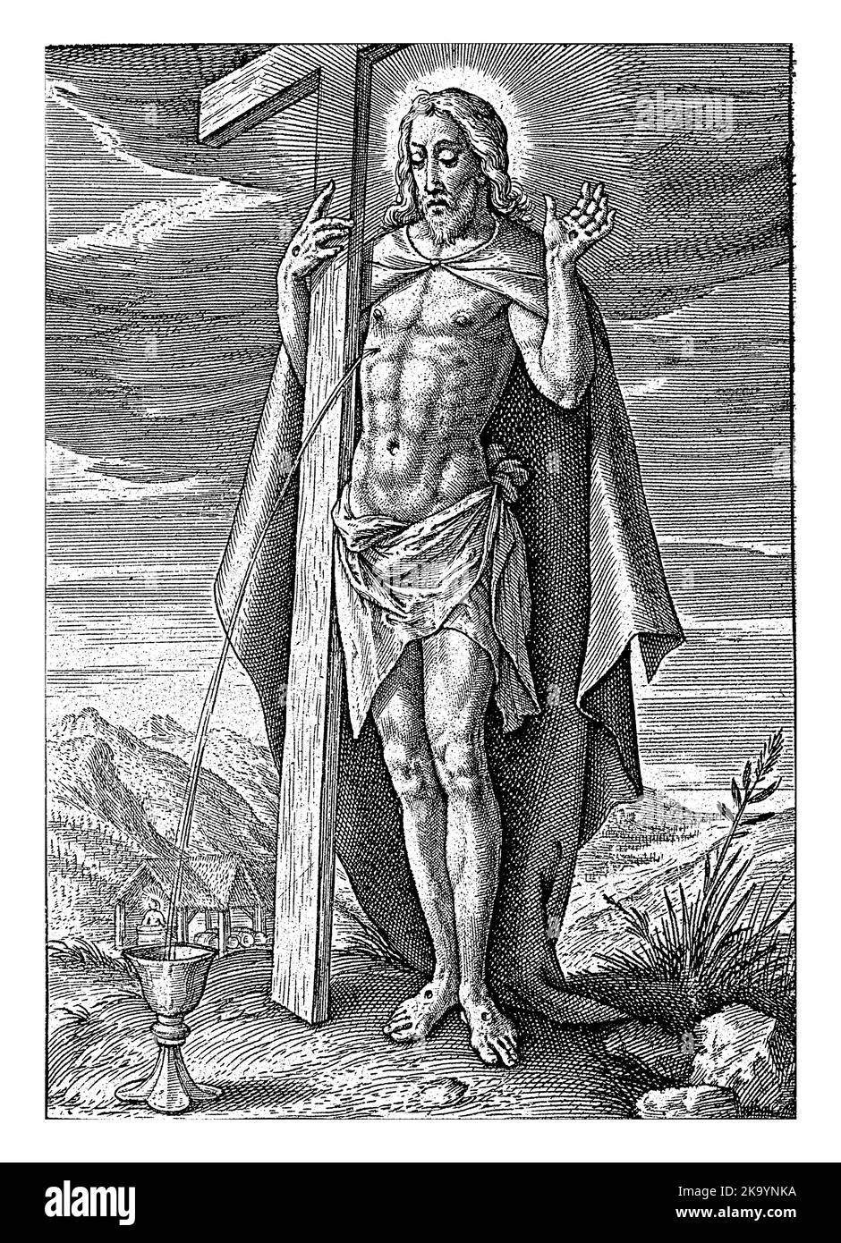 Sangue di Cristo che scorre nel calice, Hieronymus Wierix, 1563 - prima del 1619 Cristo sta accanto alla croce. Il sangue scorre dalla ferita al suo fianco Foto Stock