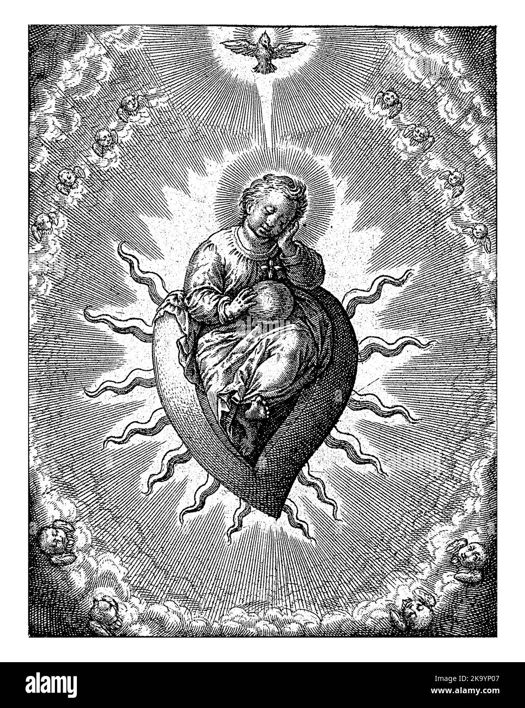 Virtù del cuore, Hieronymus Wierix, 1563 - prima del 1619 il bambino di Cristo addormentato siede su un cuore fiammeggiante, circondato da cherubini. In cima il ho Foto Stock