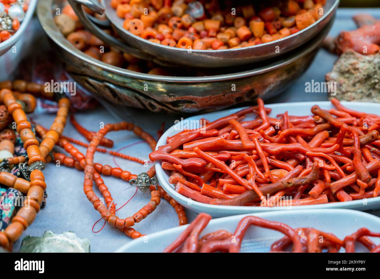 Vista di pezzi di corallo rosso essiccato, foto ravvicinata. Foto Stock