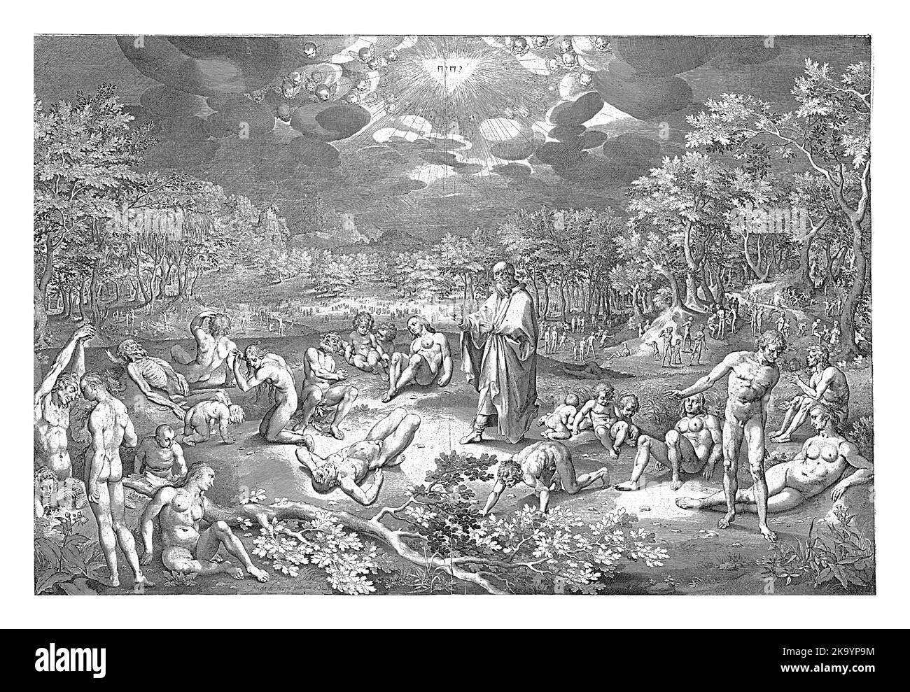 Ezechiele profetizza in una valle di ossa (Ezek. 37). Comincia a parlare e intorno a lui le ossa tornano in vita. Carne e pelle cresceranno indietro. Su i Foto Stock