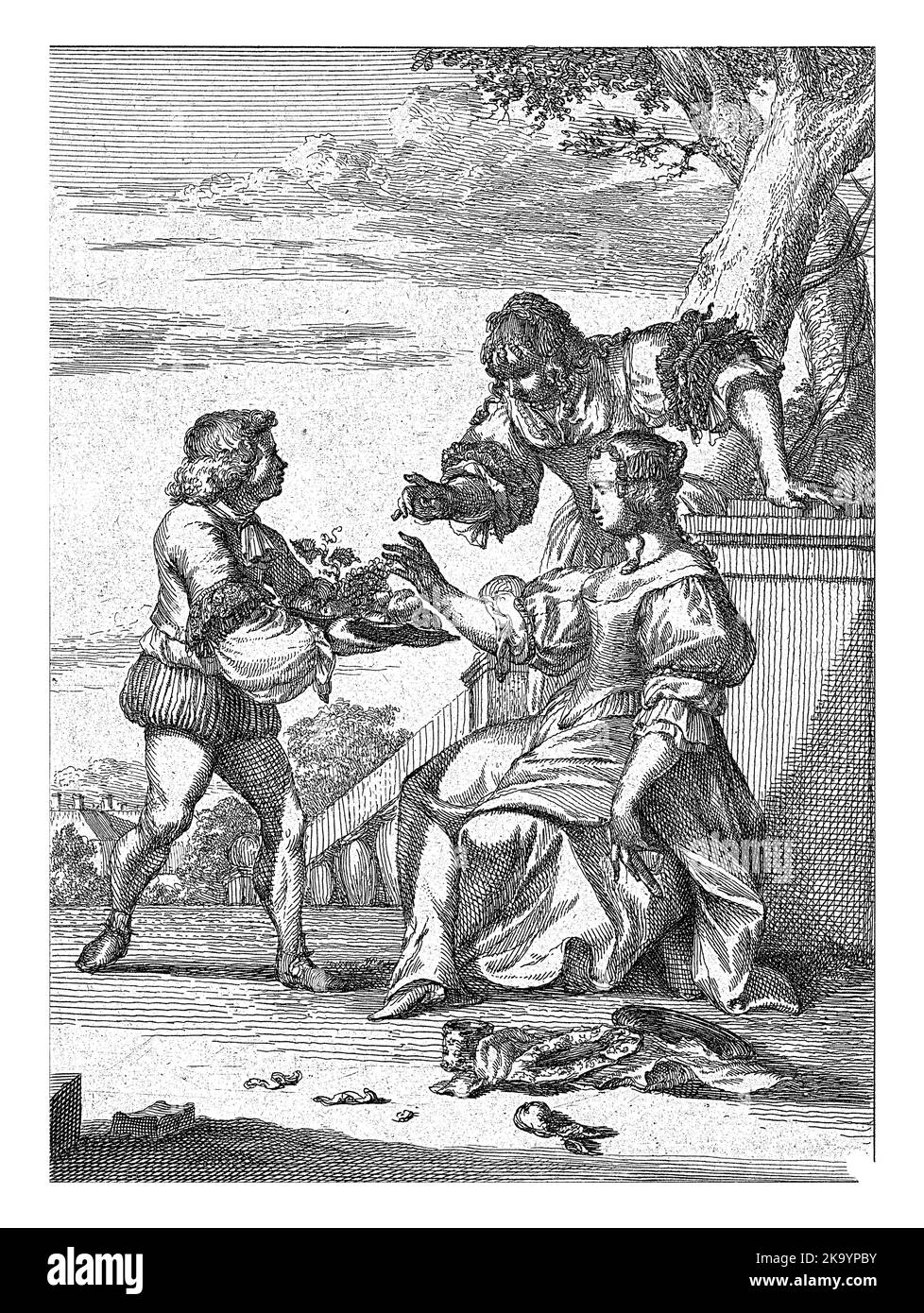 Due donne si avvicinano alla coppa di frutta con cui si avvicina un uomo. Numero tre della serie Capricci. Foto Stock