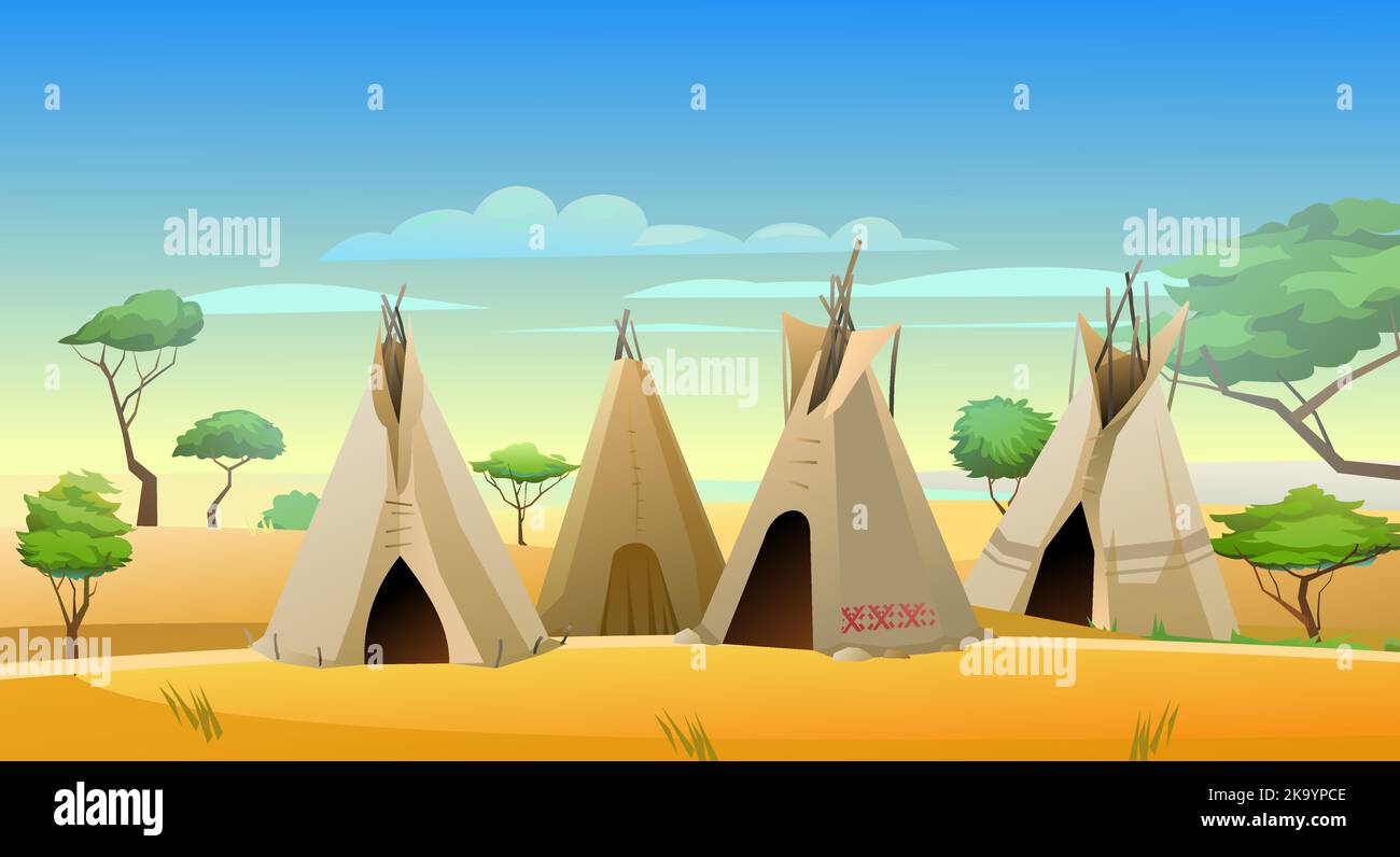Indiani wigwam capanna fatta di feltro e pelli. Piccolo villaggio tra le sabbie. Dimora tribale nordamericana. Casa tradizionale di popoli nomadi. Vettore Illustrazione Vettoriale