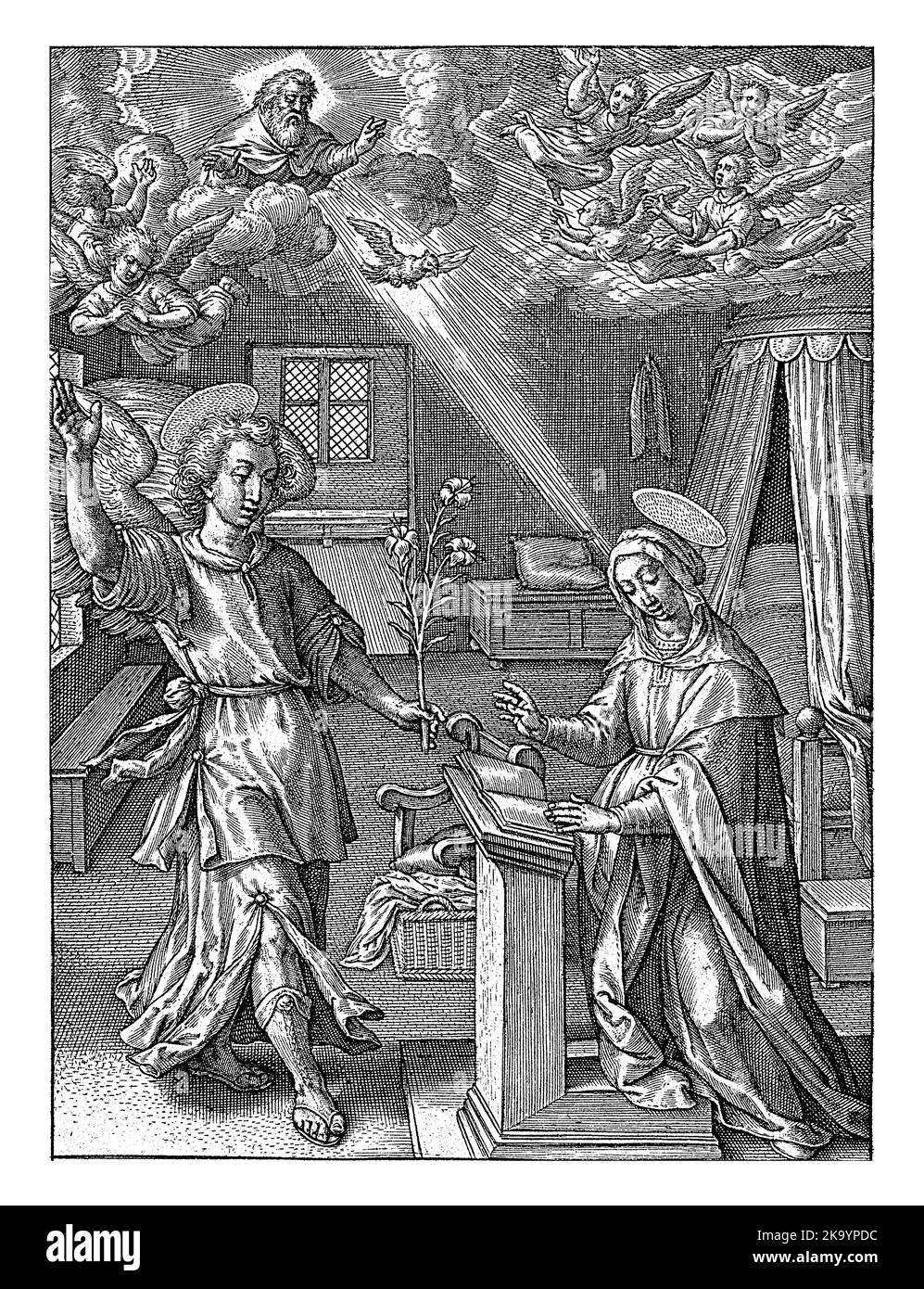 Annunciazione, Hieronymus Wierix, 1563 - prima delle 1619 Maria si inginocchia alla sua scrivania nella sua camera da letto. È visitata dall'angelo Gabriel. Foto Stock