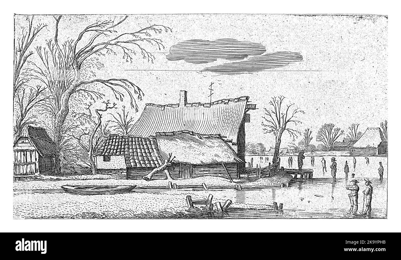 Fattoria di un fiume congelato con pattinatori, Esaias van de Velde, 1616 Foto Stock