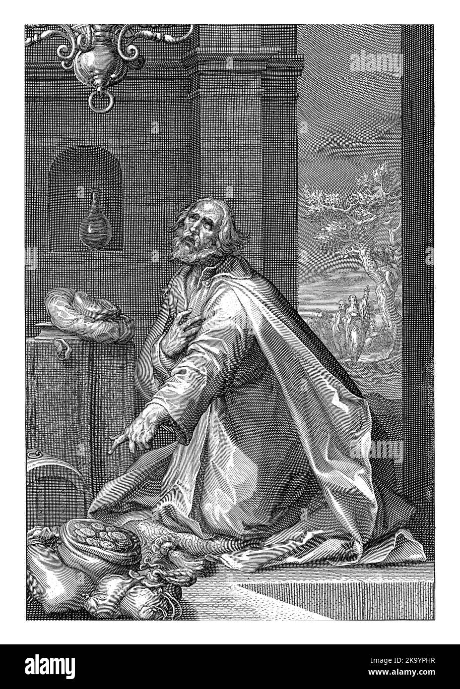 Il penitente Zaccheo, Willem Isaacsz. Van Swanenburg, dopo Abraham Bloemaert, 1611 Zaccheo, collezionista fiscale a Gerico, si inginocchia con sacchi di denaro e un Foto Stock