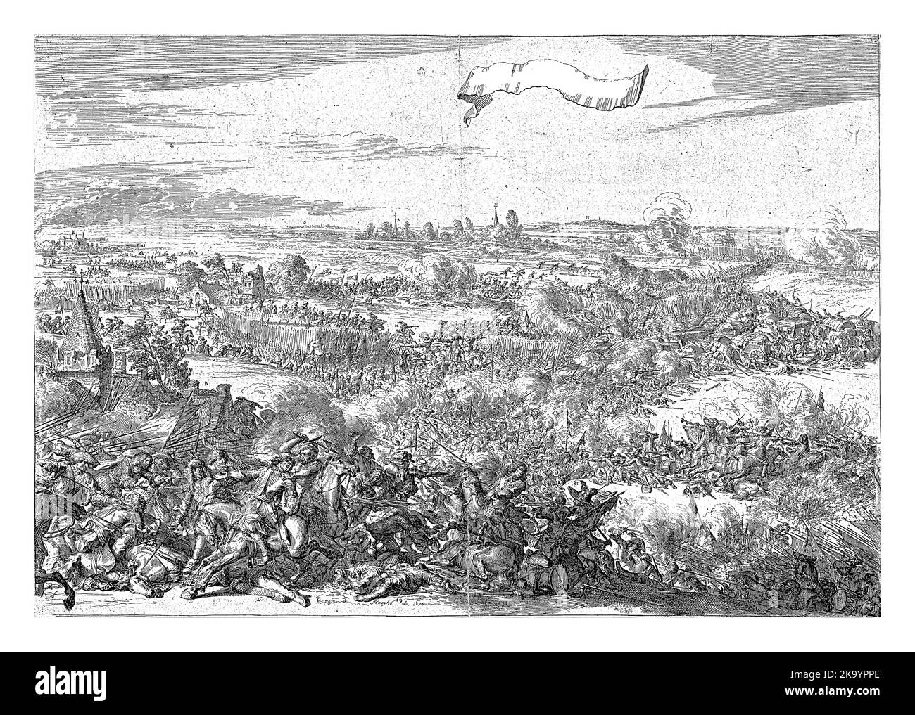 La battaglia di Seneffe tra l'esercito degli Alleati (Paesi Bassi, Spagna, Austria) sotto Guglielmo III e l'esercito francese sotto il maresciallo Conde il 11 agosto Foto Stock