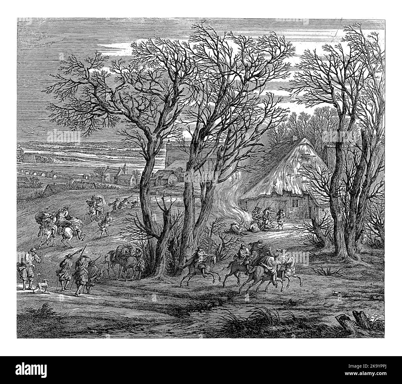 Soldati dell'esercito di Luigi XIV, re di Francia, siedono a cavallo. Sulla destra, alcuni soldati sono seduti accanto ad un fuoco di fronte ad una fattoria. Foto Stock