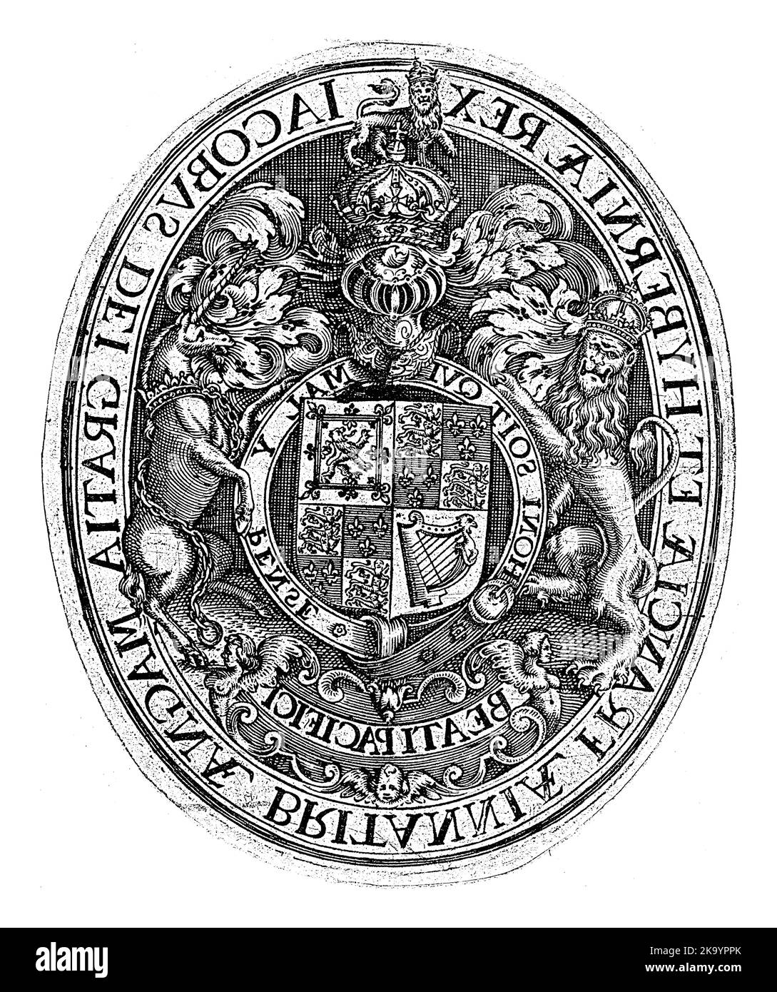 Medaglione con lo stemma dell'Inghilterra. Nel mezzo il motto dell'Ordine del Garter in latino. Foto Stock