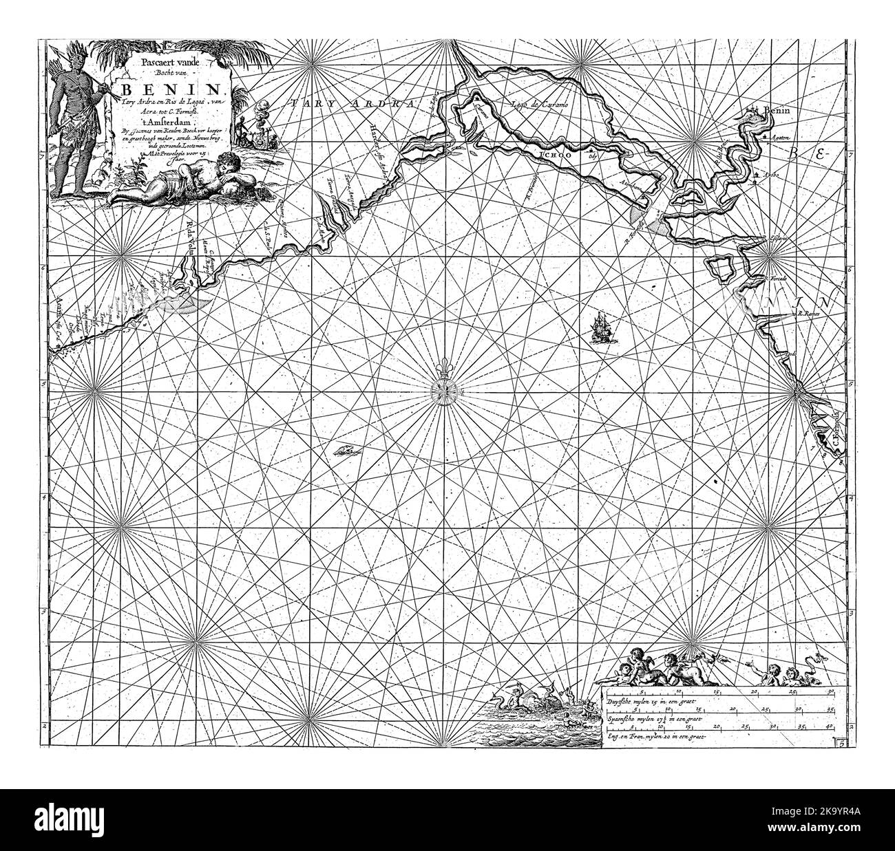 Carta dei passaporti del Golfo del Benin sulla costa occidentale dell'Africa, con una rosa bussola, il nord è in cima, annata incisa. Foto Stock