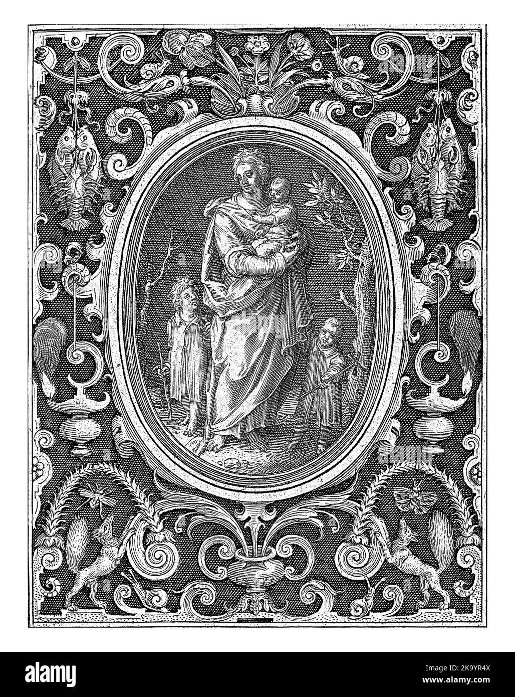 Foglio 3 di una serie di 4 fogli numerati con decorazioni superficiali. Caritas, personificazione dell'Amore, in piedi ovali. Due pesci e un granchio appendono nel Foto Stock