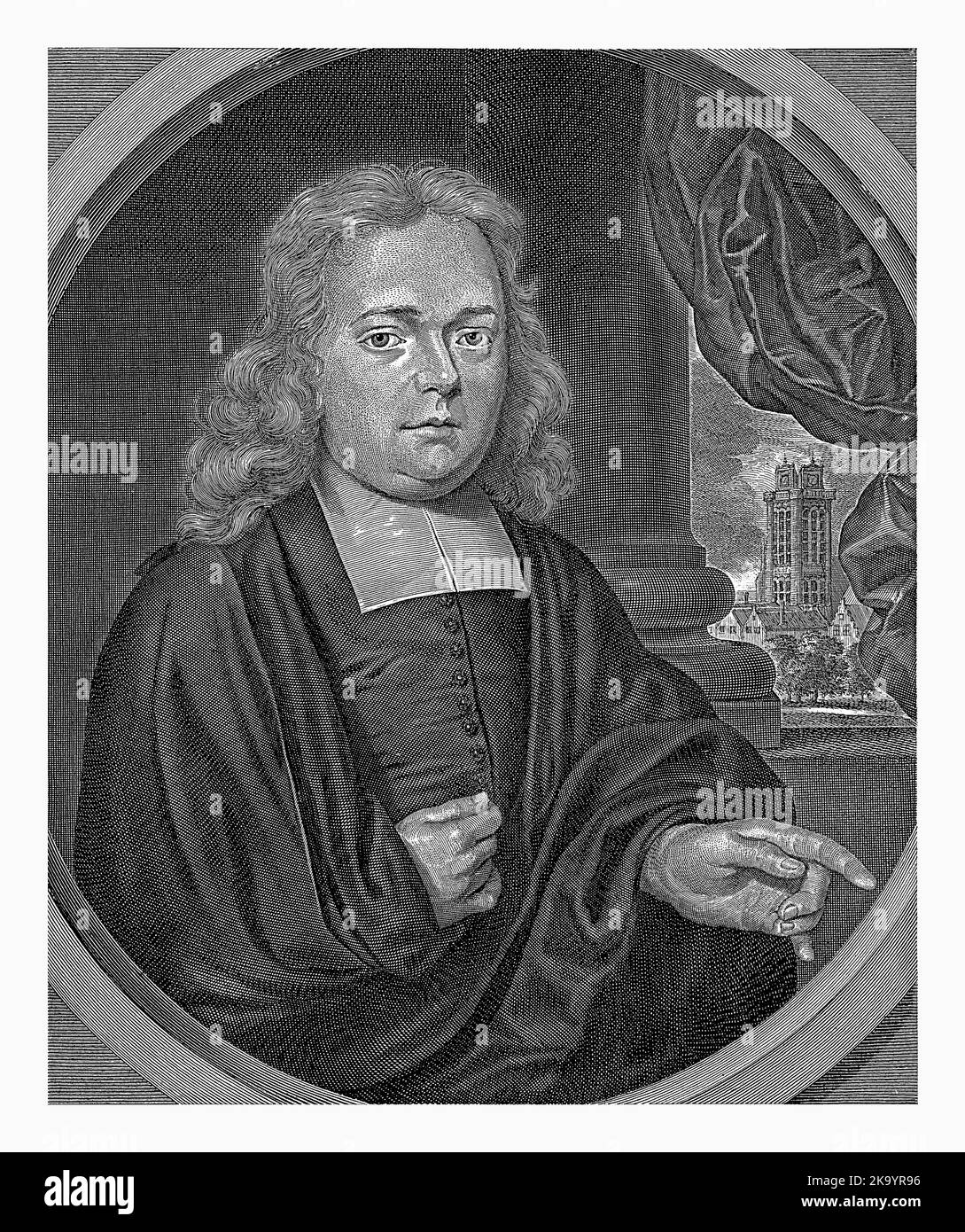 Ritratto di David Flud van Giffen, vicario di Dordrecht, Jan Luyken, dopo Arnold Houbraken, 1682 Foto Stock