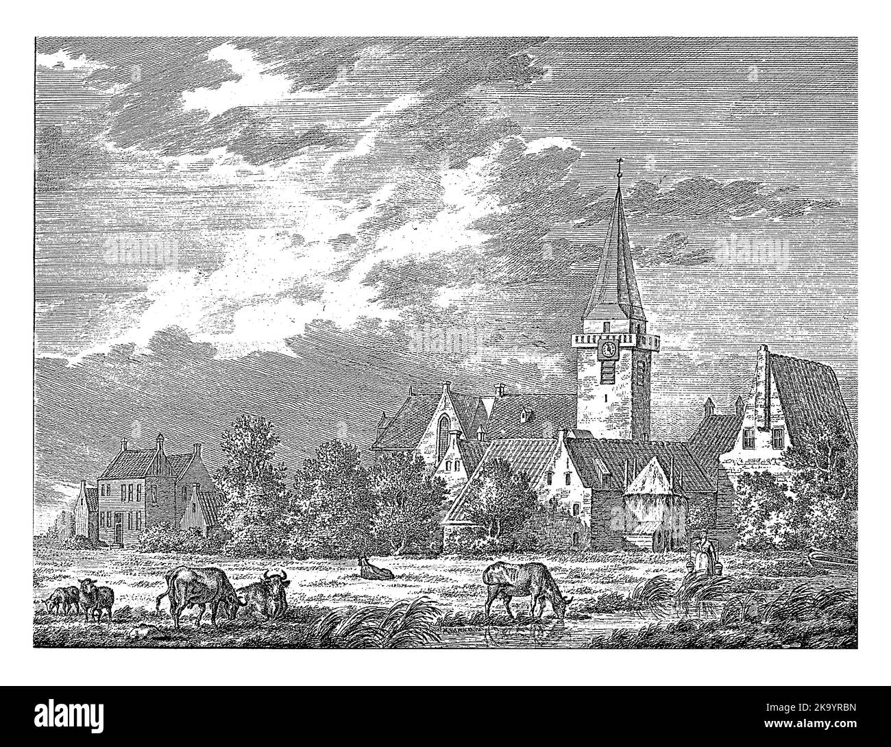 Il villaggio di Harmelen. Mucche in un prato in primo piano. La torre della chiesa sullo sfondo. La stampa fa parte di una serie di villaggi olandesi. Foto Stock