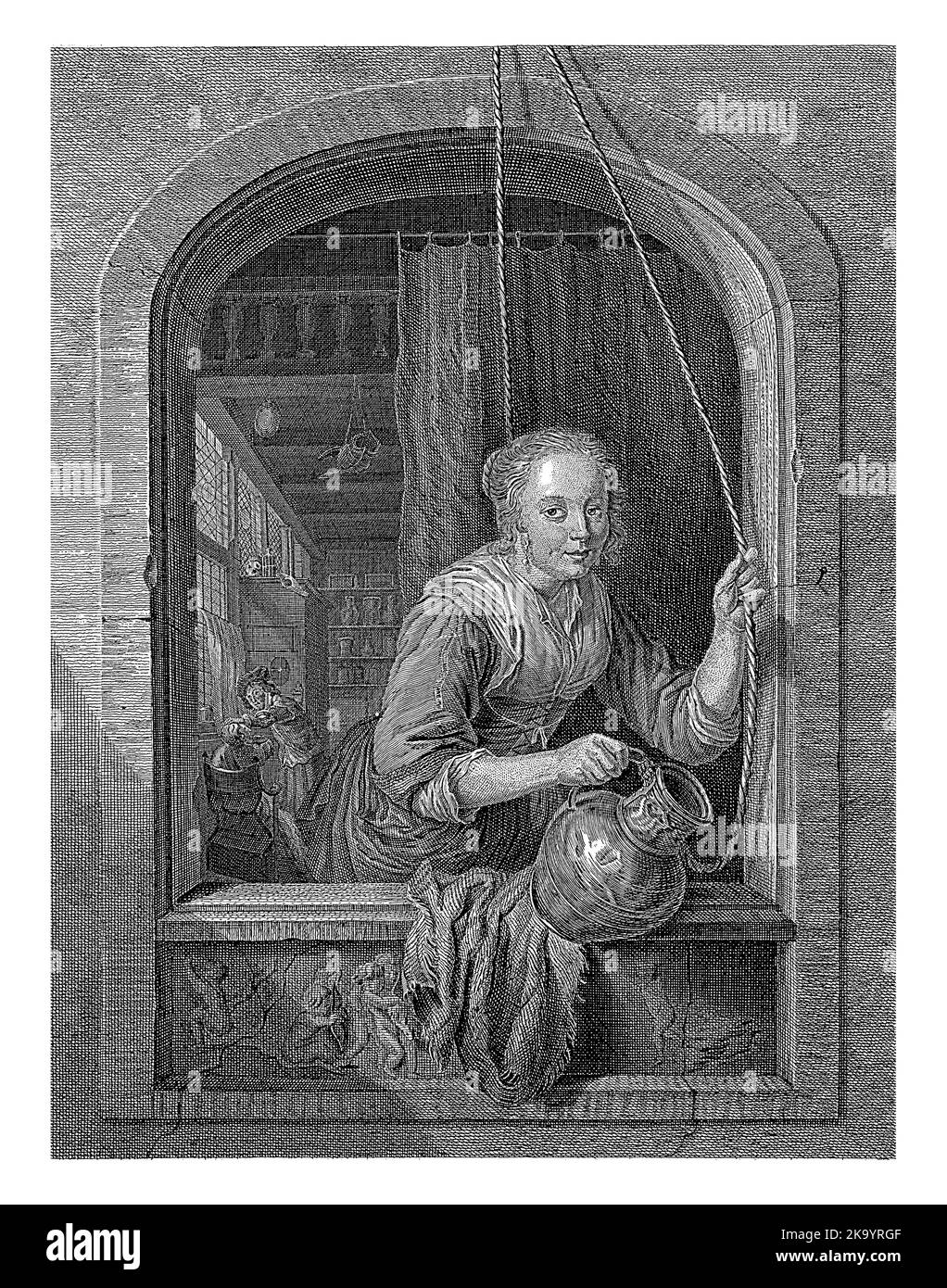 Donna con una caraffa nella finestra, Robbert Muys, dopo Pieter Cornelisz. Van Slingelandt, 1752 - 1771 Una donna sta in piedi in una finestra, tenendo una brocca d'acqua Foto Stock