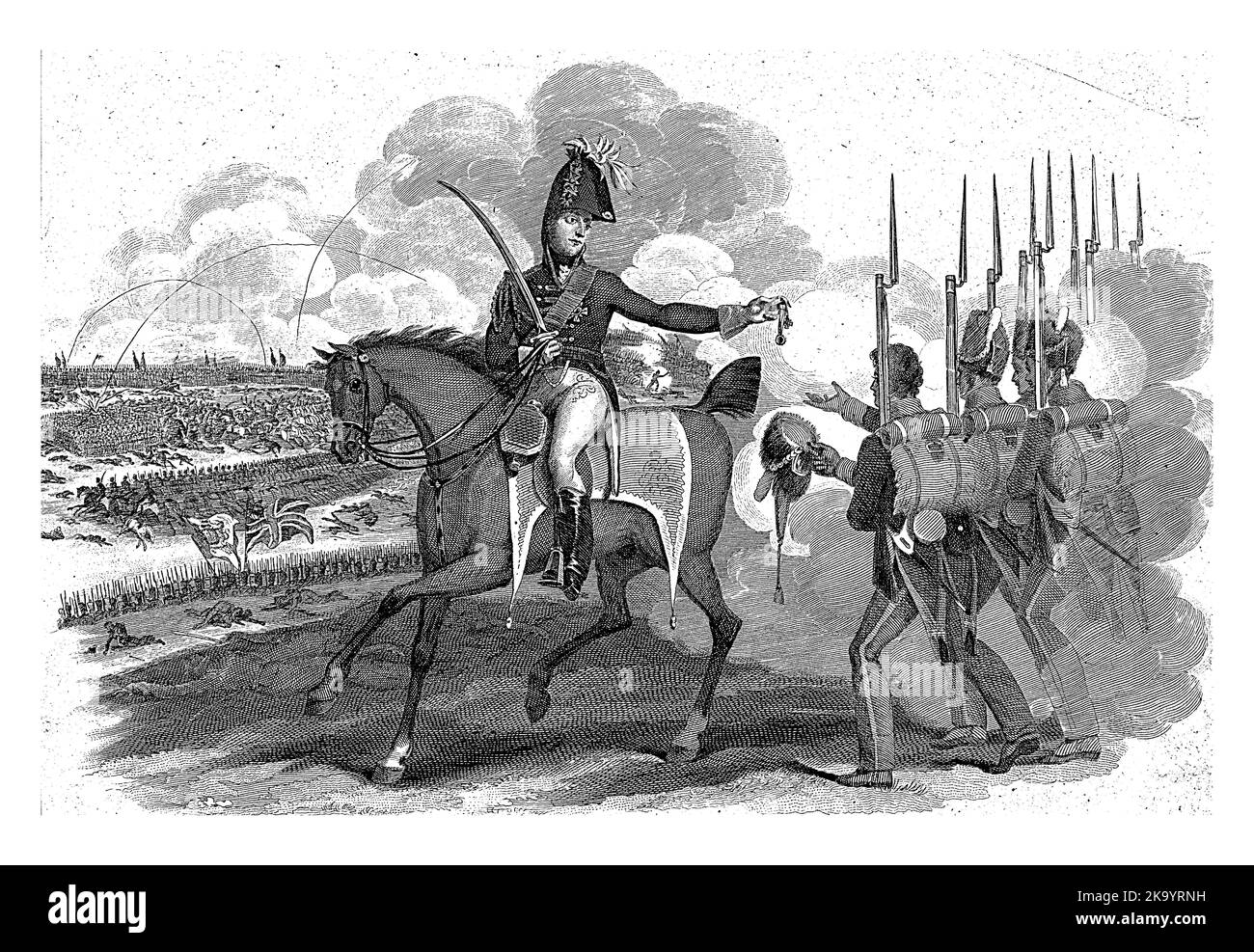 William Frederik George, Principe di Orange, consegna decorazioni ai suoi uomini durante la battaglia di Quatre-Bras, 16 giugno 1815. Foto Stock