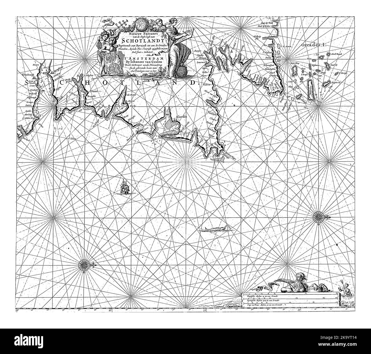 Carta dei passaporti di un tratto della costa nord-orientale della Scozia e delle Isole Orcadi, con due rose a bussola, il nord è sulla destra. Foto Stock