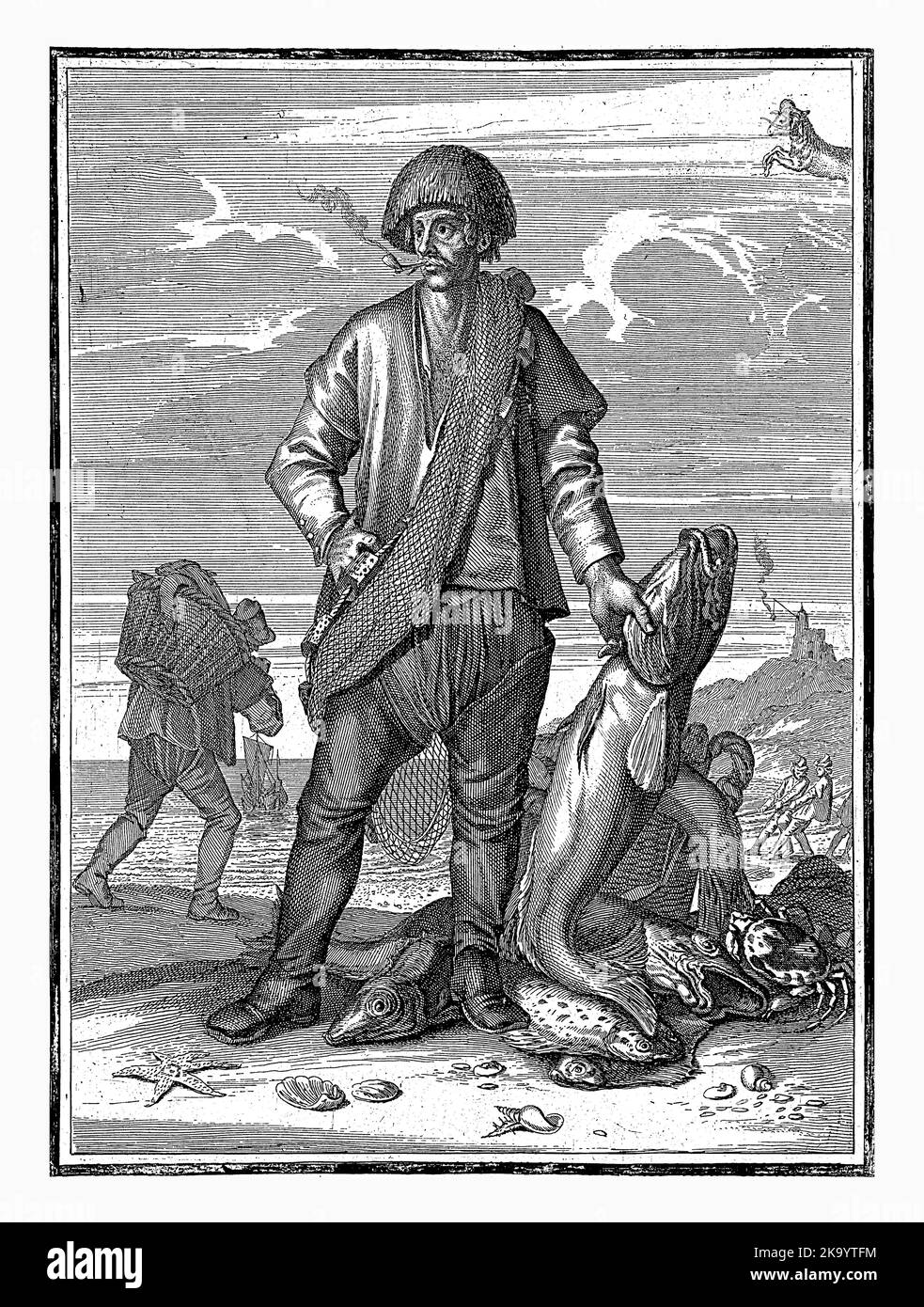 Marzo, Caspar Luyken, 1698 - 1702 il mese di marzo. Un pescatore con la sua cattura, che comprende diversi tipi di pesce e un granchio. Foto Stock